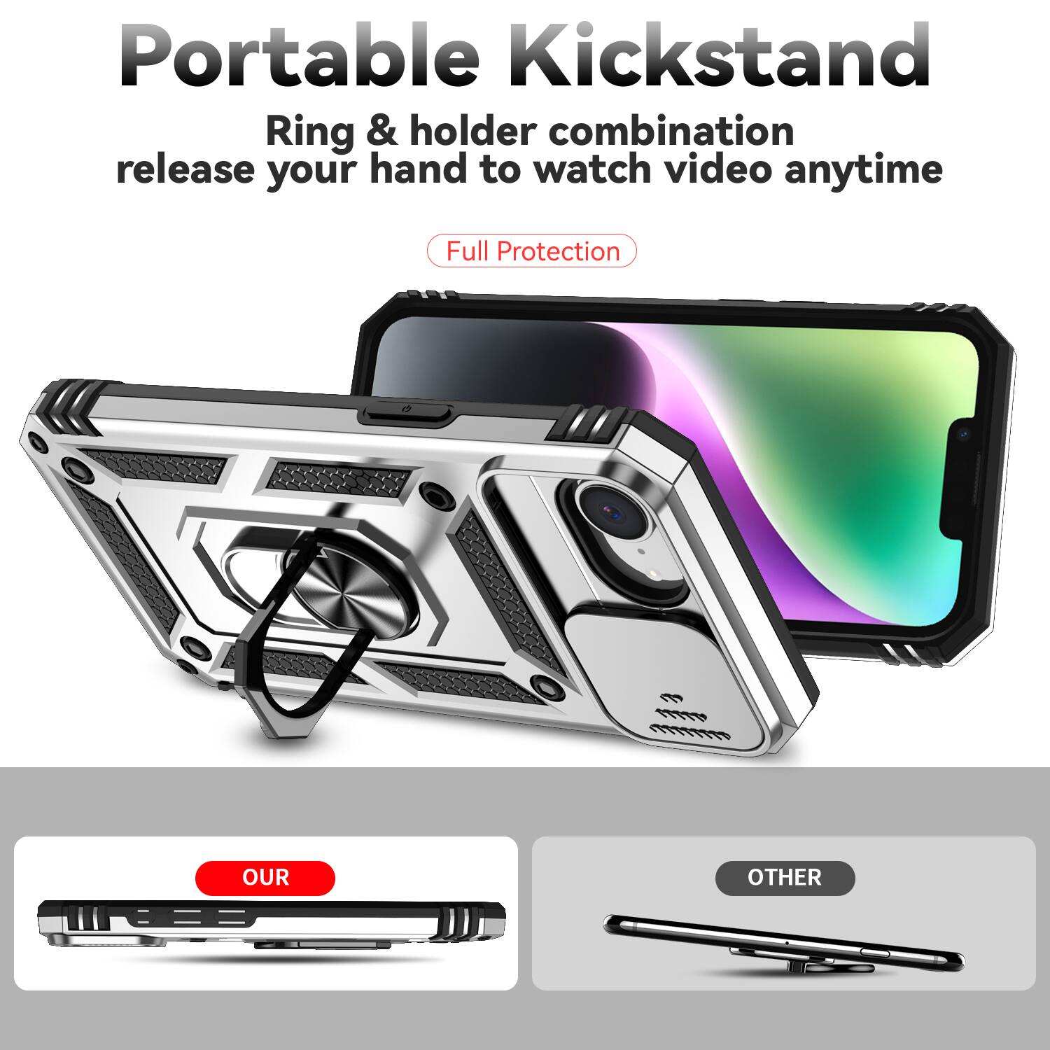 Portable Kickstand  
Ring & holder combination release your hand to watch video anytime  
Full Protection  

OUR  
OTHER