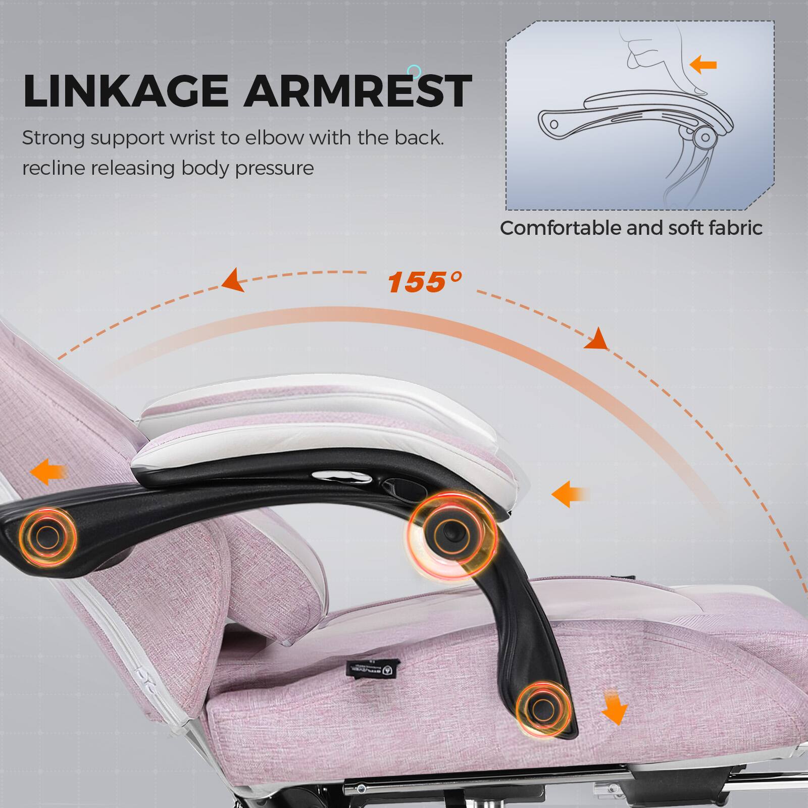 LINKAGE ARMREST

Strong support wrist to elbow with the back. recline releasing body pressure

Comfortable and soft fabric

155°