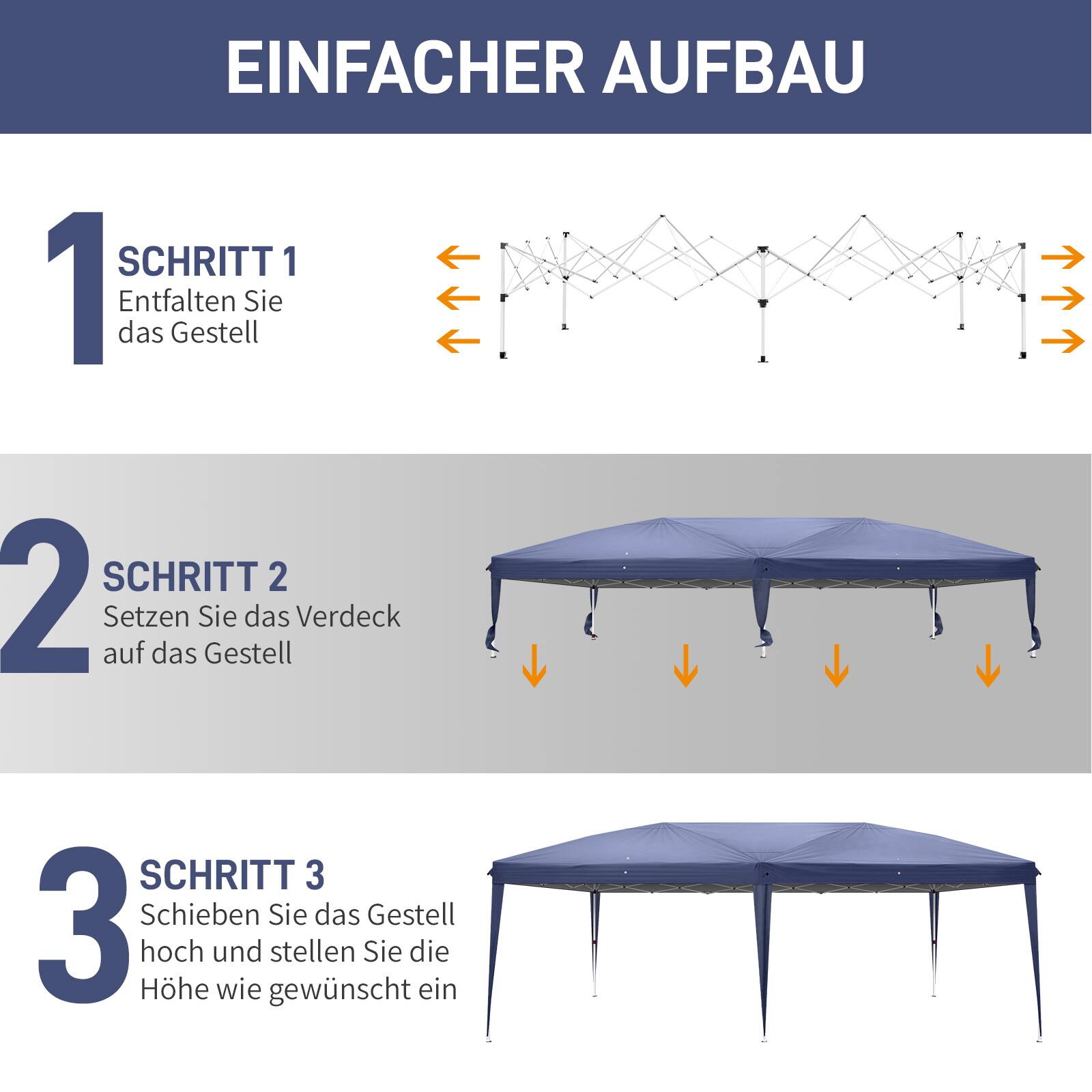 EINFACHER AUFBAU

SCHRITT 1  
Entfalten Sie das Gestell

SCHRITT 2  
Setzen Sie das Verdeck auf das Gestell

SCHRITT 3  
Schieben Sie das Gestell hoch und stellen Sie die Höhe wie gewünscht ein