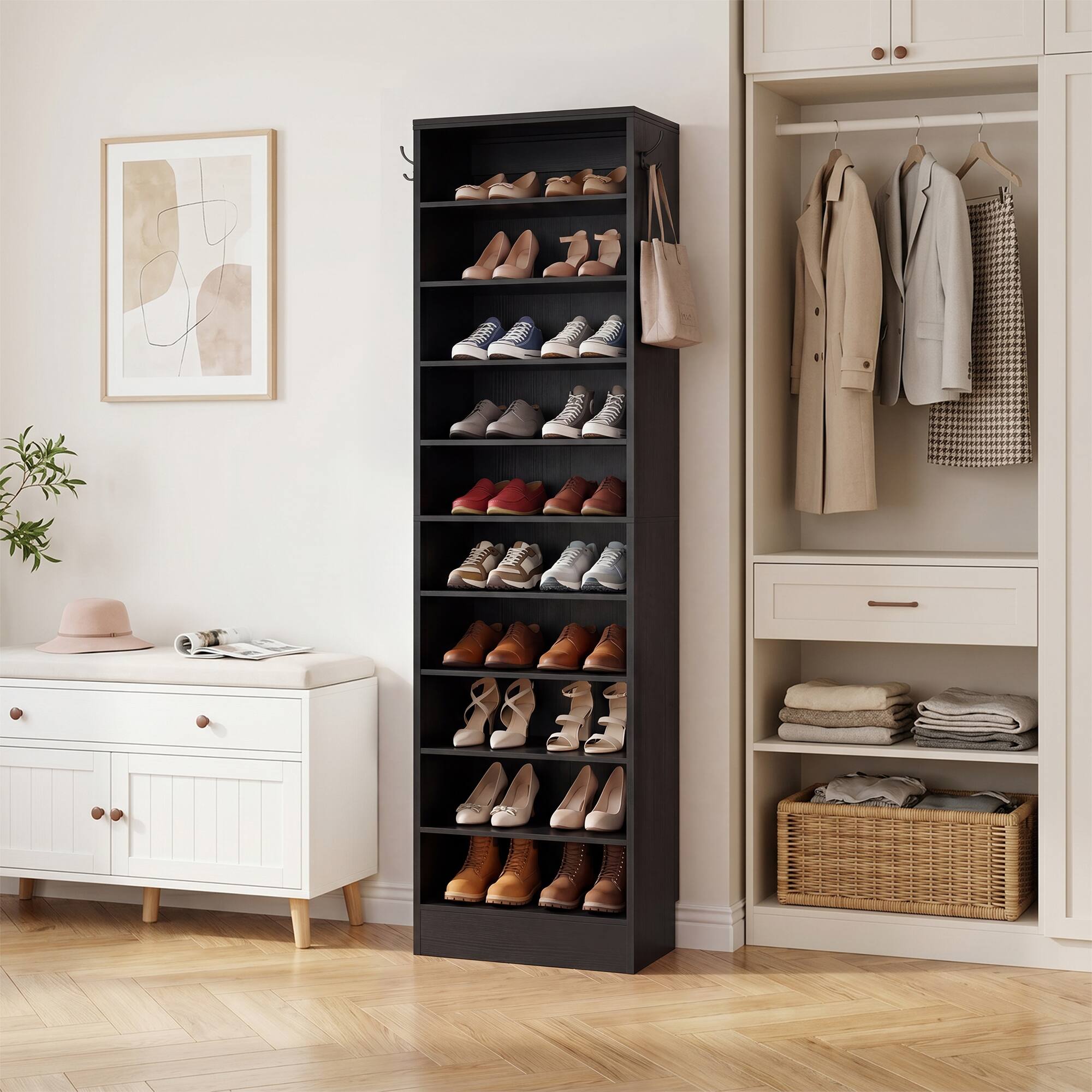 Alt View 2. Aheaplus - 79.5'' Tall 10-Tier Freestanding Wooden Shoe Rack Tower with 2 Hooks - Black.