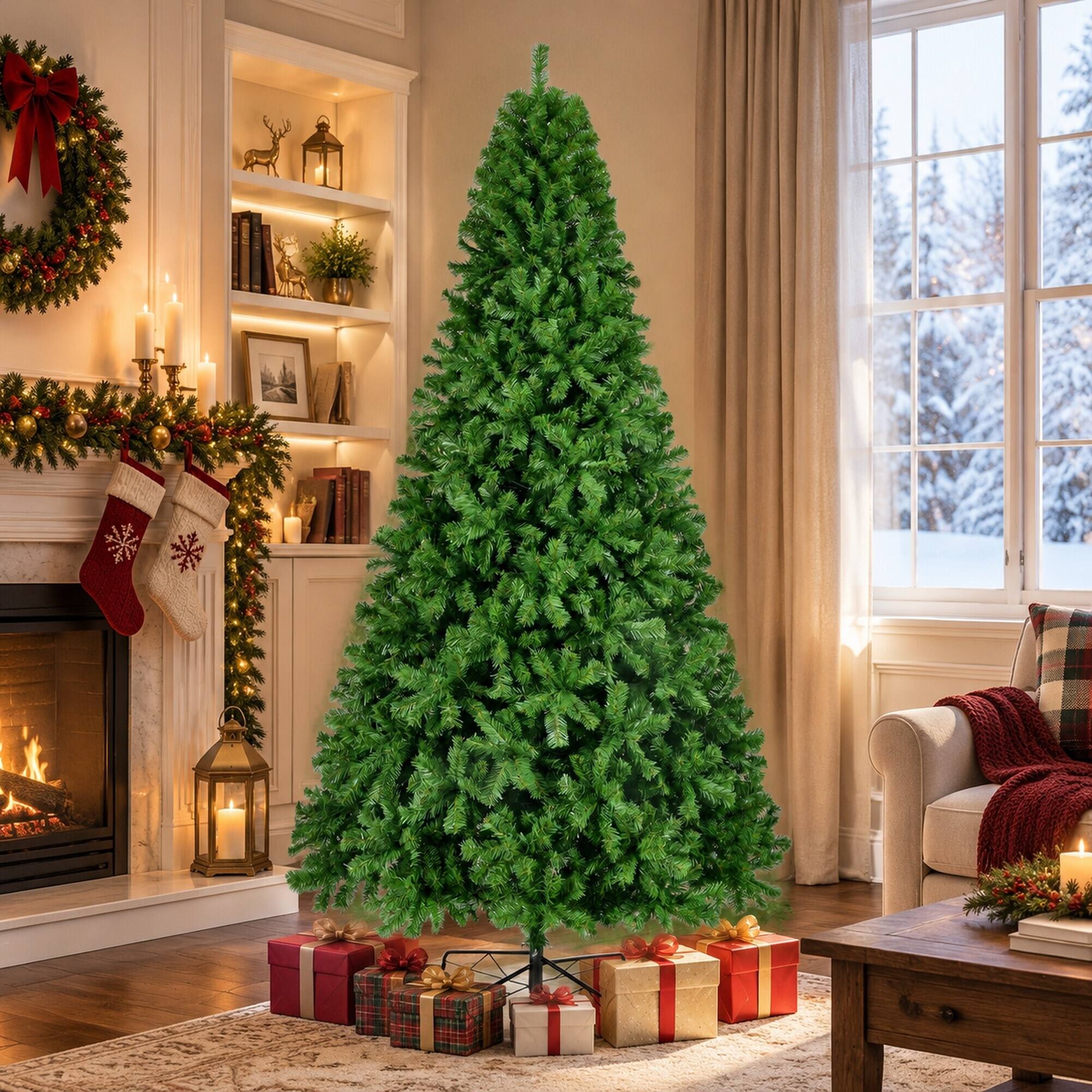 Left. RYHNUYNE - 9FT Unlit Artificial Christmas Tree With Dense Realistic Spruce Branches and Metal Base, Green - Green.