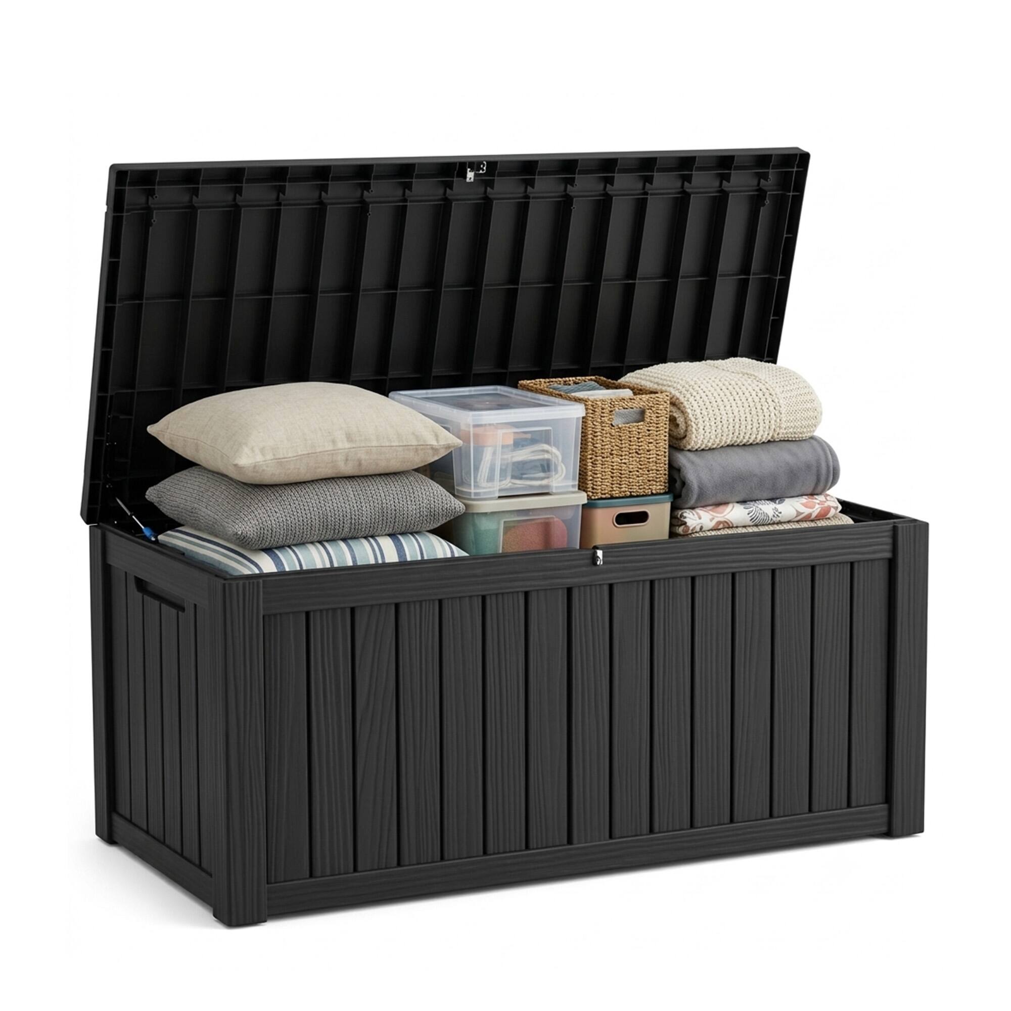 Front. LAUSAINT HOME - 150 Gal.Water Resistant Resin Lockable Deck Box, Large Lockable Capacity, Versatile Deck Storage Bench - Black.