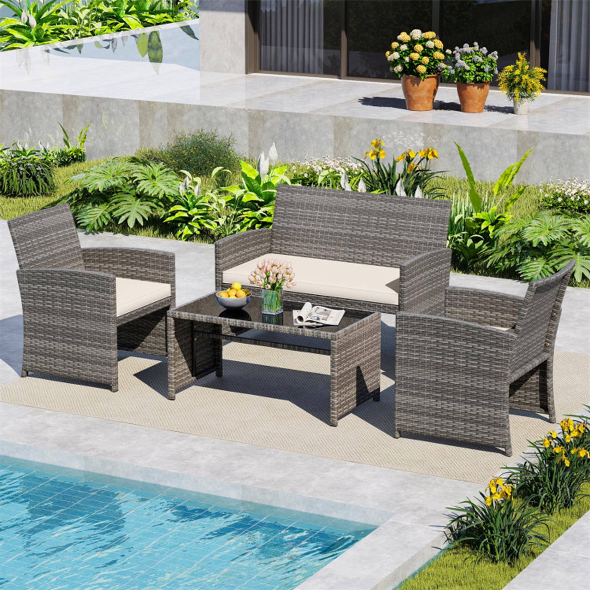 Alt View 3. Boyel Living - White 4 Piece Patio Conversation Set Rattan Chair Loveseat and Table Set-Off 310-in W x 420-in D x 250-in H - White.