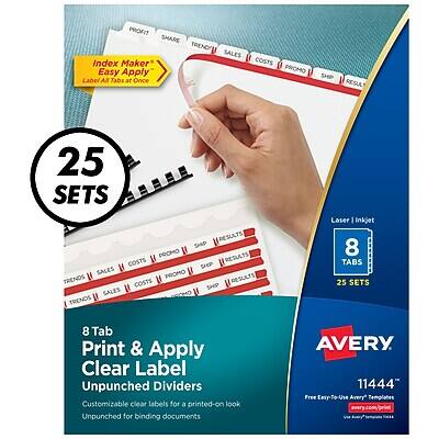 **Index Maker Easy Apply**  
Label Al Tabs at Once

**25 SETS**

**8 TABS**  
Laser Inkjet  
Customizable clear labels for a printed-on look  
Unpunched for binding documents

**AVERY**  
11444  
Free Easy-To-Use Avery

**Label Tabs**  
PROFIT SHARE TRENDY SALES  
COSTS PROMO SHP RESULTS  
25 SETS RESULTS SHEP PROMO RESULTS COSTS  
S6 SALES PROMO TRENDS COSTS RESULTS SHP SALES TRENDS