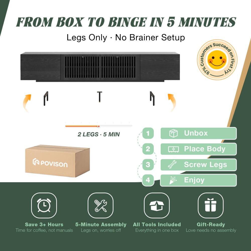 FROM BOX TO BINGE IN 5 MINUTES  
Legs Only • No Brainer Setup  

Customers First on 97%  

1. Unbox  
2. Place Body  
3. Screw Legs  
4. Enjoy  

2 LEGS • 5 MIN  

Save 3+ Hours  
5-Minute Assembly  
All Tools Included  
Gift-Ready  

Time for coffee, not manuals  
Legs on, worries off  
Everything in one box  
Love needs no assembly
