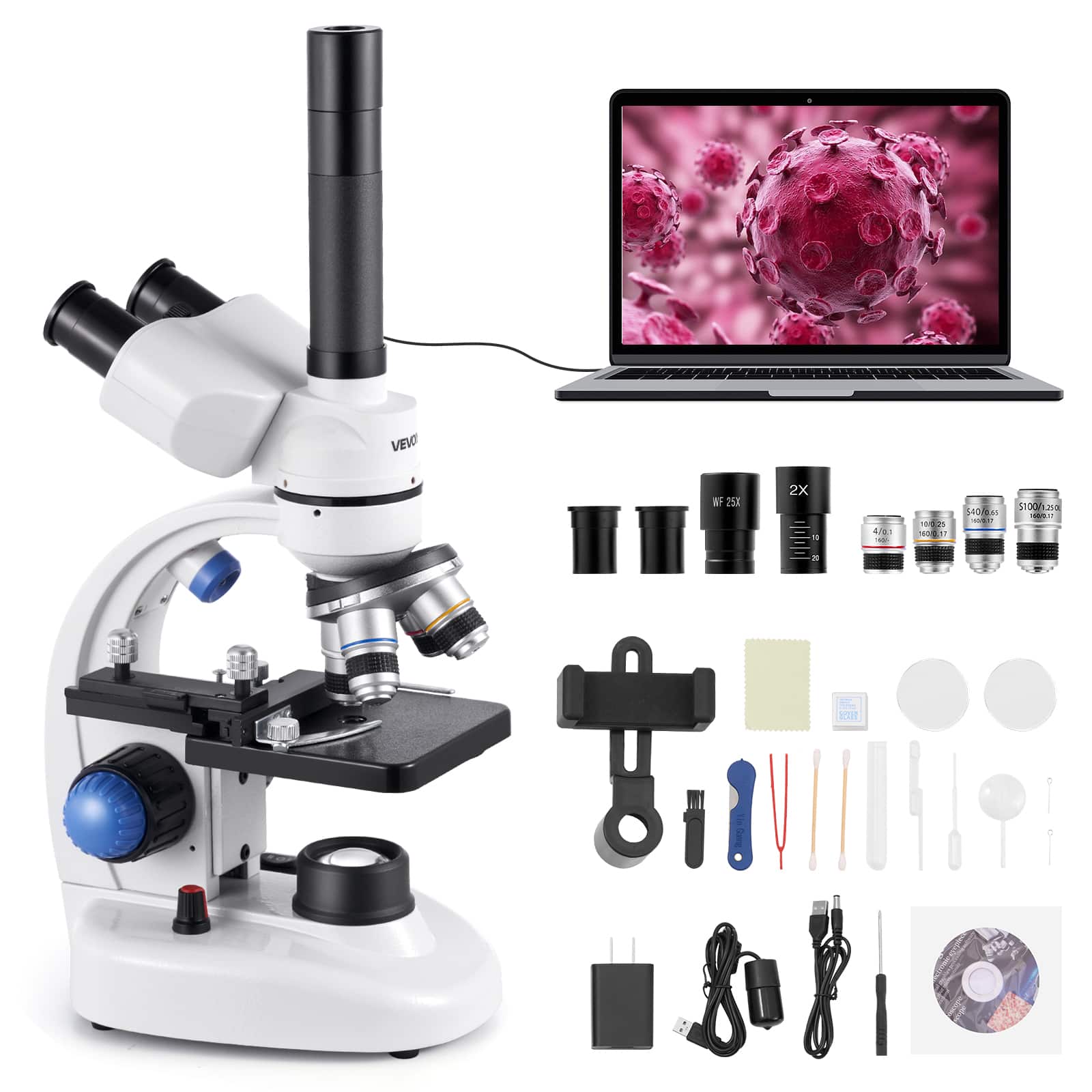 VEVOR - Trinocular Microscope, 40-5000X Magnification, Professional Compound Microscope for Adult with Phone Adapter - White