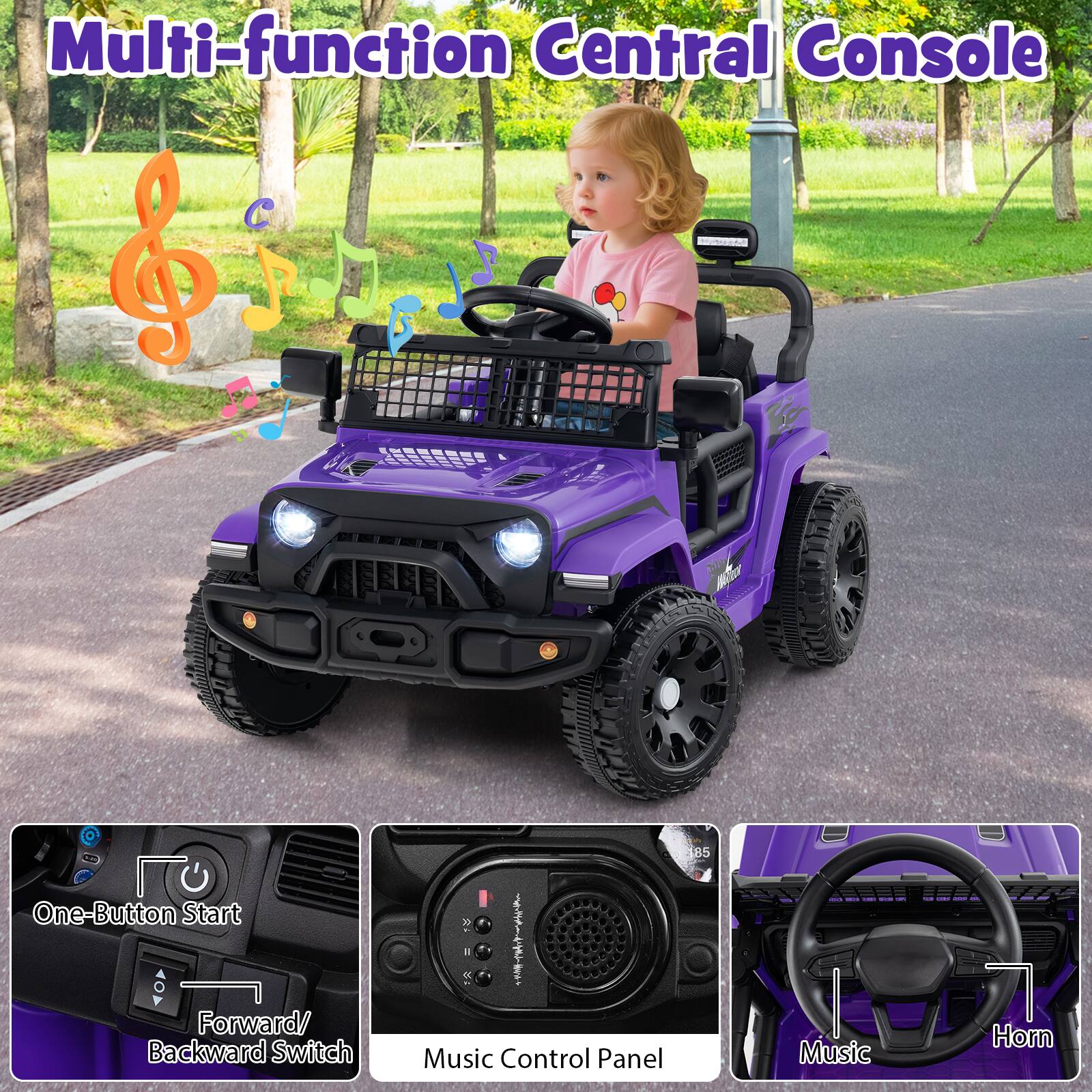 Multi-function Central Console

- One-Button Start
- Forward/Backward Switch
- Music Control Panel
- Music
- Horn