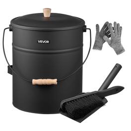 VEVOR - Ash Bucket, 4 PCS with Lid, Shovel, Broom and Gloves, Metal Fireplace Charcoal Bucket and Ash Can, 4 GAL Large Capacity - Black