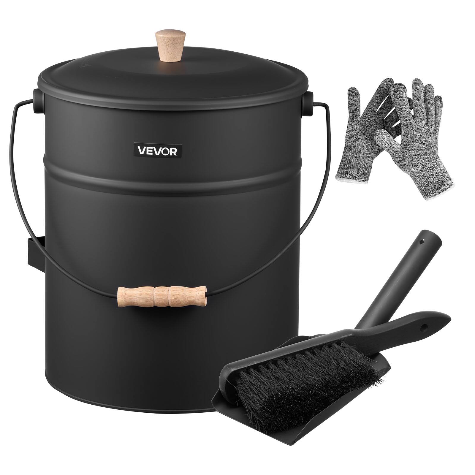 Front. VEVOR - Ash Bucket, 4 PCS with Lid, Shovel, Broom and Gloves, Metal Fireplace Charcoal Bucket and Ash Can, 4 GAL Large Capacity - Black.