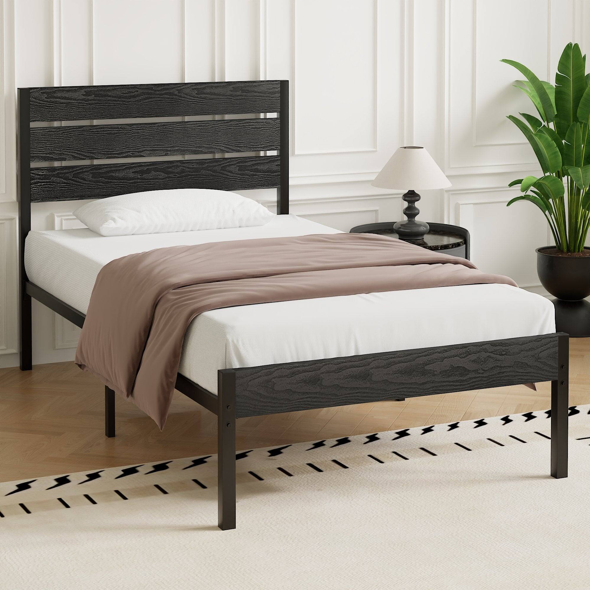 Alt View 4. Vecelo - Twin Size Bed Frame with Wood Headboard, Metal Frame, Noise-Free Industrial Bed, Full & Twin Options, Platform Bed - Black.