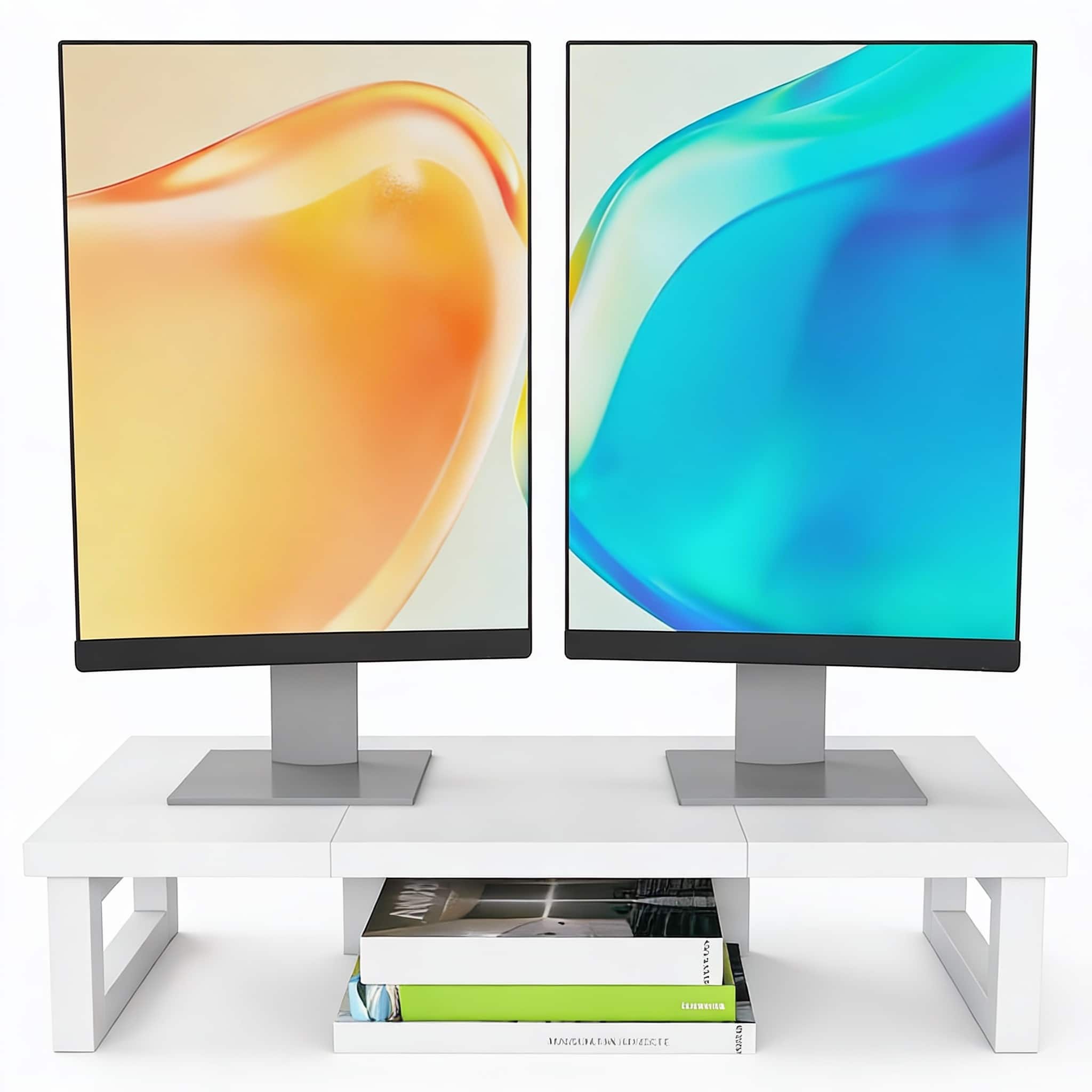 Frangdom - Dual Monitor Riser Wood Steel 2-Screen Desktop Shelf - White Large