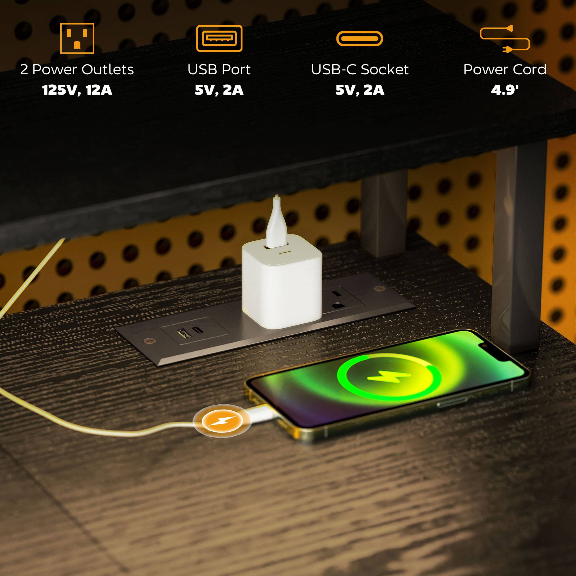 2 Power Outlets 125V, 12A, USB Port 5V, 2A, USB-C Socket 5V, 2A, Power Cord 4.9'