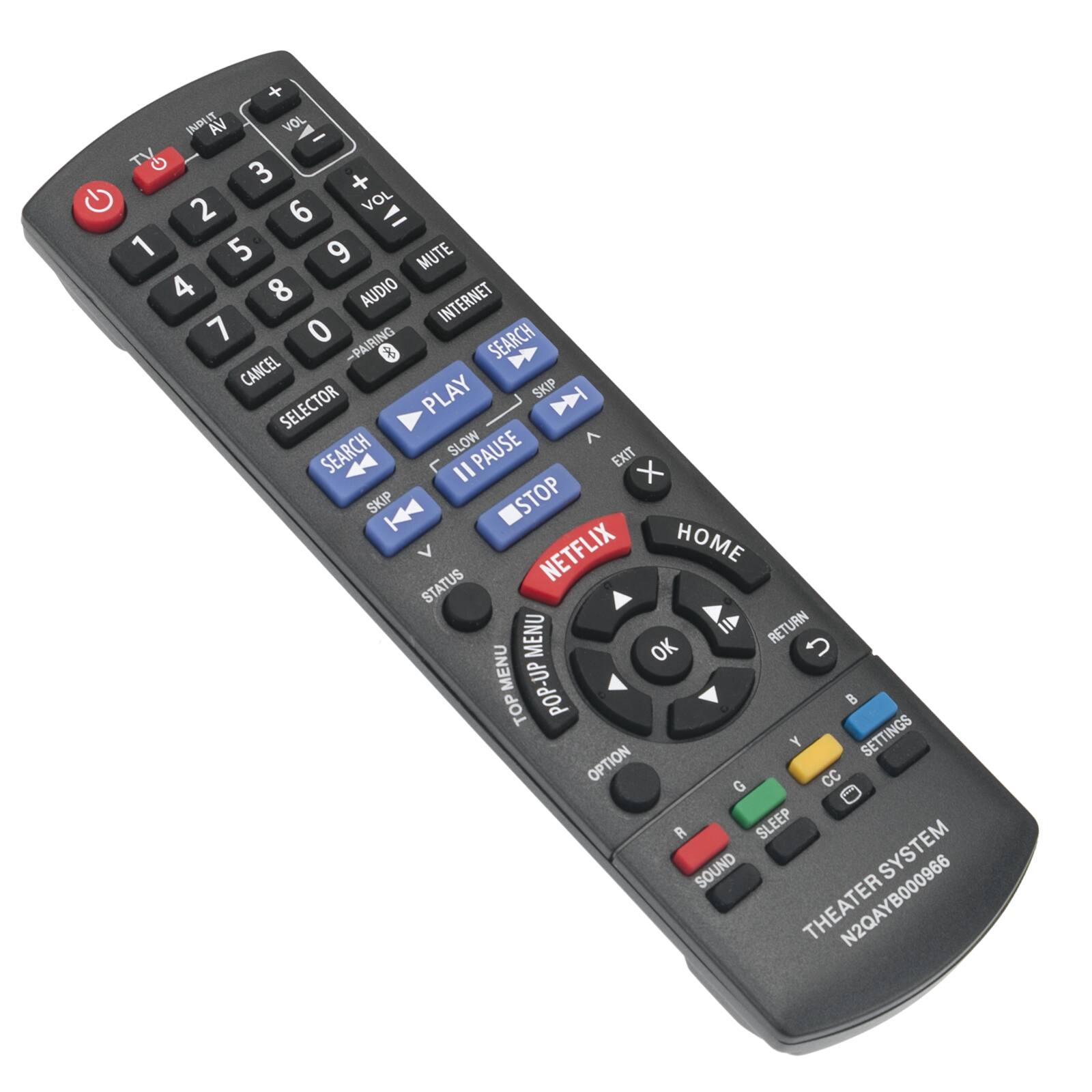 Sure, here is the corrected and grouped text from the image:

**Top Left:**
- TV
- AV
- VOL
  - +
  - -
- MUTE
- AUDIO
- INTERNET
- PAIRING
- SEARCH
- CANCEL
- SELECTOR
- PLAY
- SLOW
- PAUSE
- SKIP
- STOP
- NETFLIX
- HOME
- STATUS
- MENU
- RETURN
- OK
- MENU
- POP-UP
- B
- TOP
- Y
- SETTINGS
- OPTION
- CC
- SLEEP
- SOUND
- SYSTEM
- THEATER
- N2QAYB000966

**Top Right:**
- VOL
  - +
  - -
- MUTE
- INTERNET
- PAIRING
- SEARCH
- CANCEL
- SELECTOR
- PLAY
- SLOW
- PAUSE
- SKIP
- STOP
- NETFLIX
- HOME
- STATUS
- MENU
- RETURN
- OK
- MENU
- POP-UP
- B
- TOP
- Y
- SETTINGS
- OPTION
- CC
- SLEEP
-