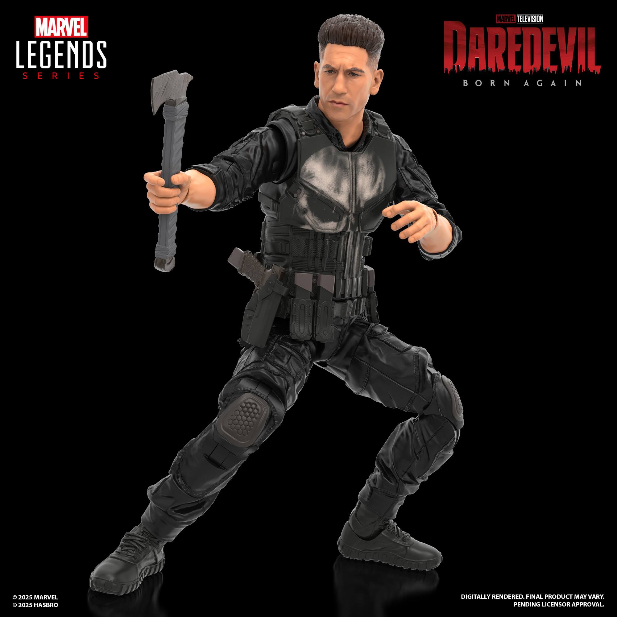 The image features a Marvel Legends action figure of Daredevil, a character from the Marvel Television series. The figure is dressed in a black costume and is holding a hammer. The figure is digitally rendered and is part of the Marvel Legends series. The final product may vary pending licensor approval.