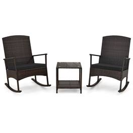 Gymax - 3 PCS Rocking Set Wicker Rocking Chairs w/ 2-Tier Coffee Table Patio - Black