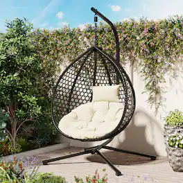 Whisen - Foldable Hanging Egg Chair with Stand, Sturdy Outdoor Swing Chair with Soft Removable Cushion - Black
