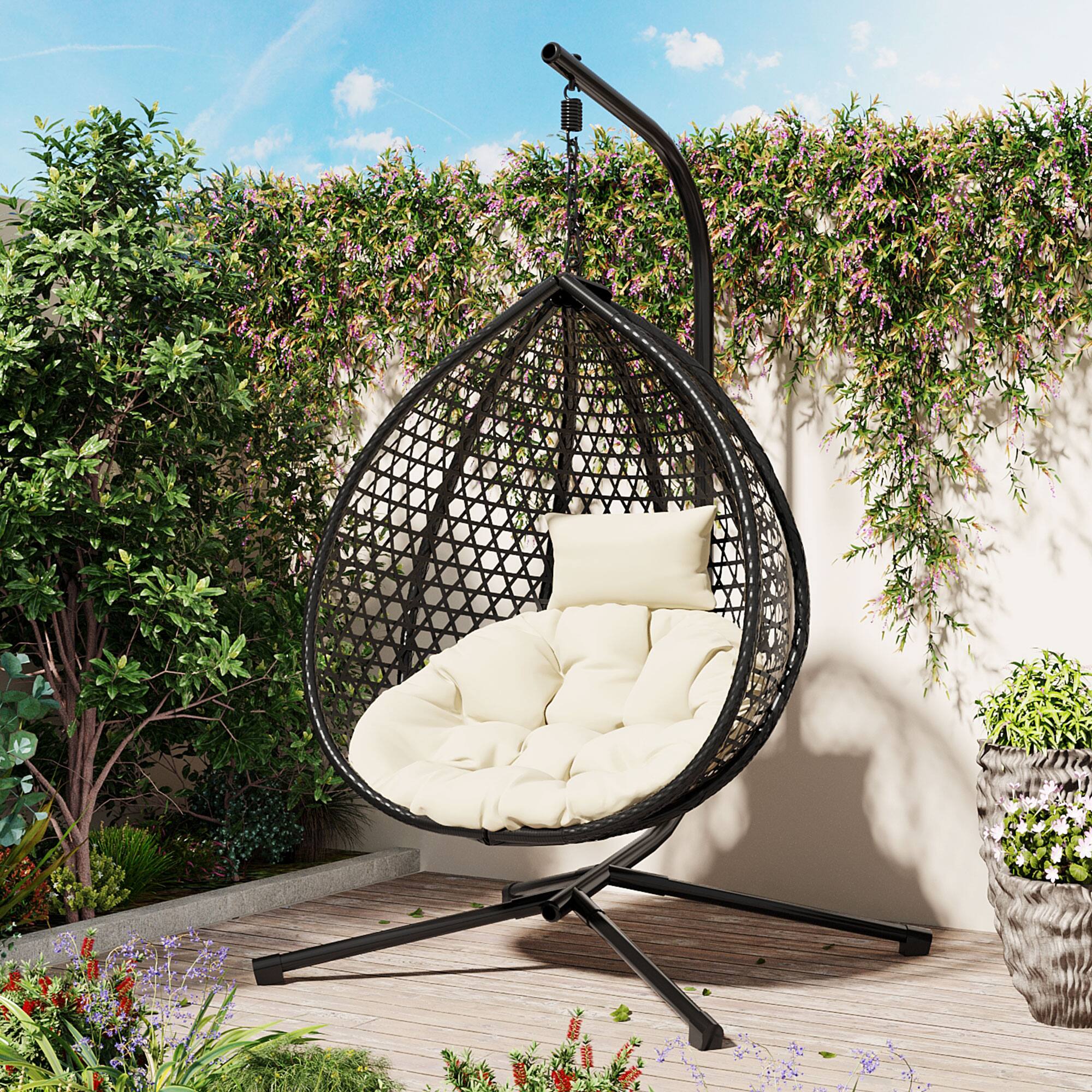 Left. Mondawe - Outdoor Swing chairs with Soft Removable Cushion and Rattan Weaving - Black+Beige.