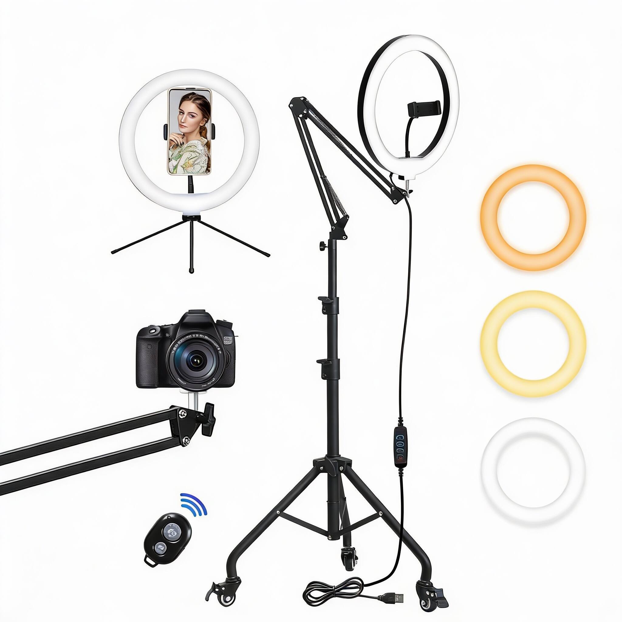 Front. METALTON - Ring Light With Tripod Stand Folded Arm Overhead Camera Mount Phone Holder Casters 3 Color Modes Led Selfie... - Default.