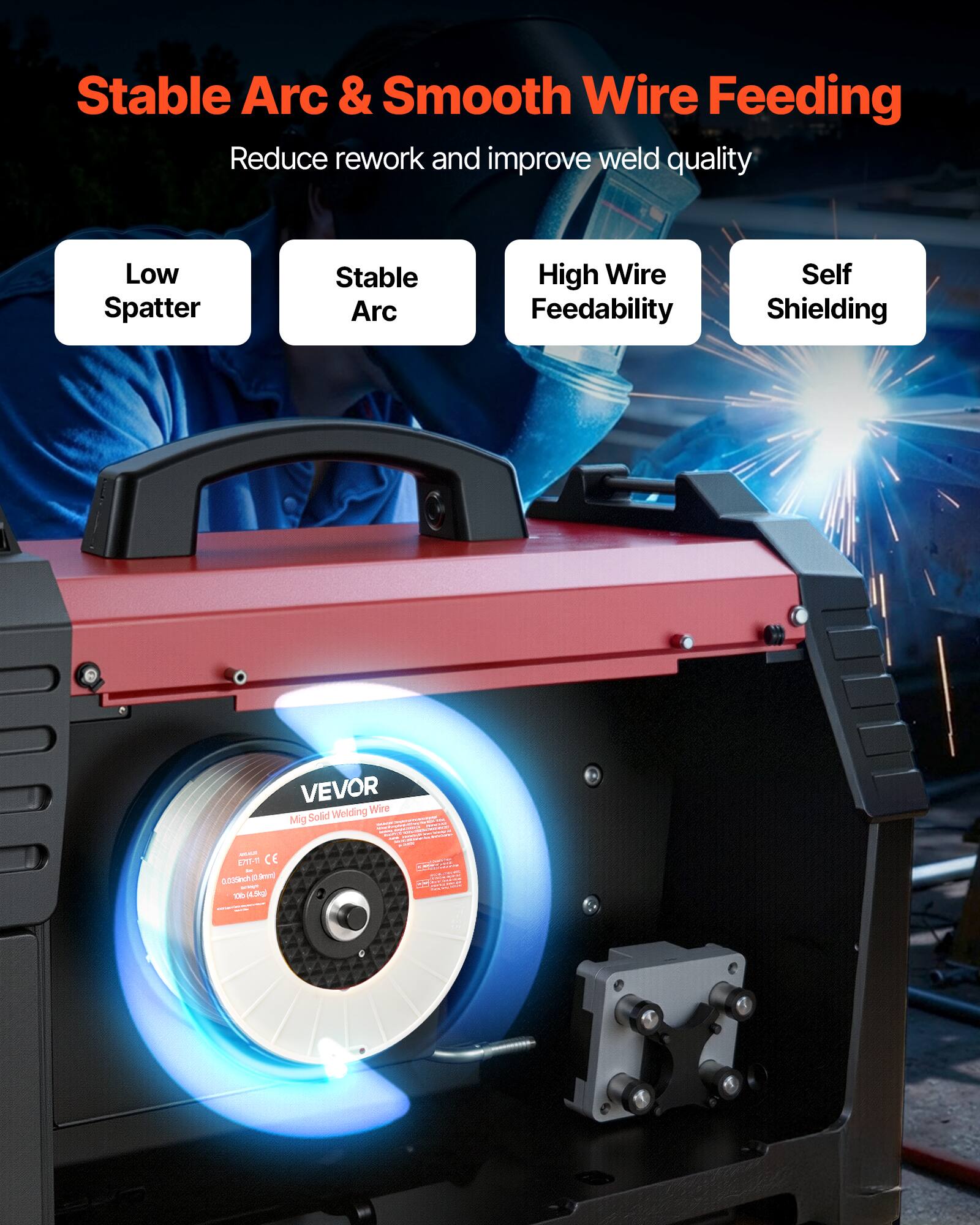 Stable Arc & Smooth Wire Feeding  
Reduce rework and improve weld quality  

- Low Spatter  
- Stable Arc  
- High Wire Feedability  
- Self Shielding  

VEVOR  
Mig Solid Welding Wire  
E71T-1  
0.025" (0.635mm)  
1000ft (304.8m)  

BITT-M  
CE  

aihj  
Sred  
T00  
N  
K  
E