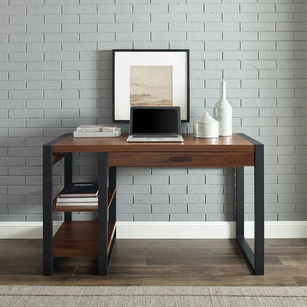 Angle. Spaco - Modern Metal and Wood Computer Desk with USB Port - Dark Brown.