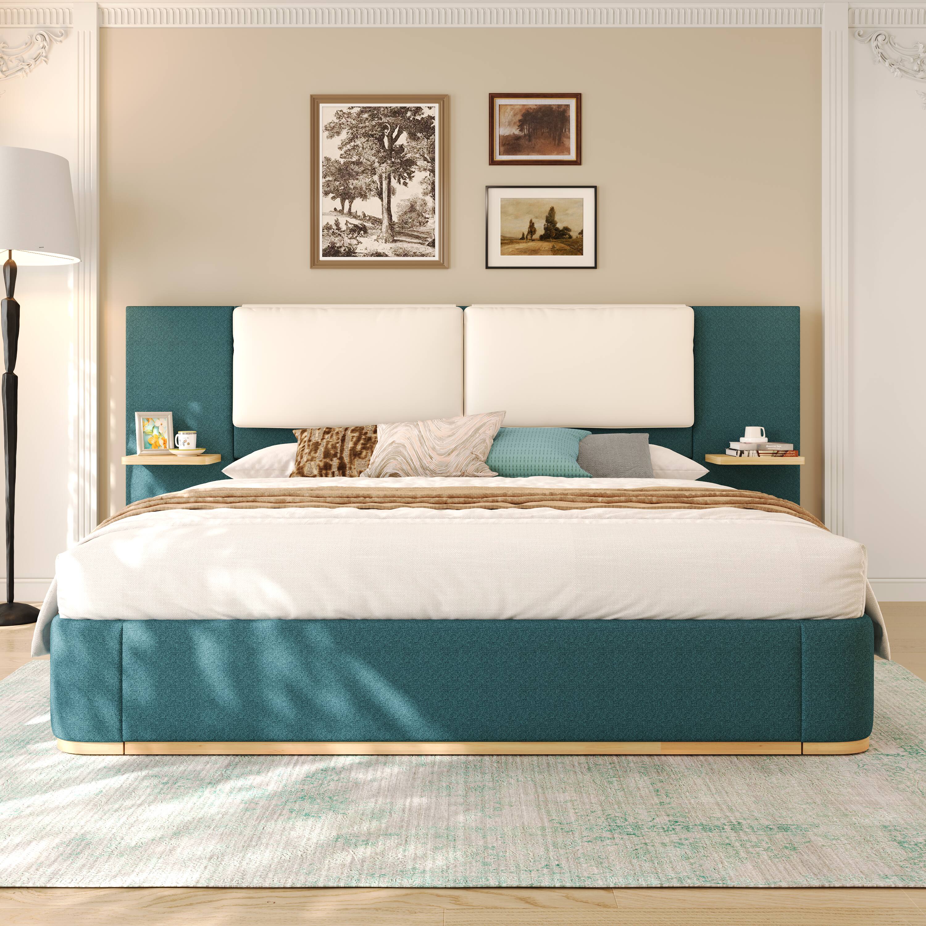 Angle. Whisen - Queen Size Upholstered Platform Bed with Panel and Anti-Collision Soft Rounded Corners for Bedroom - Green.