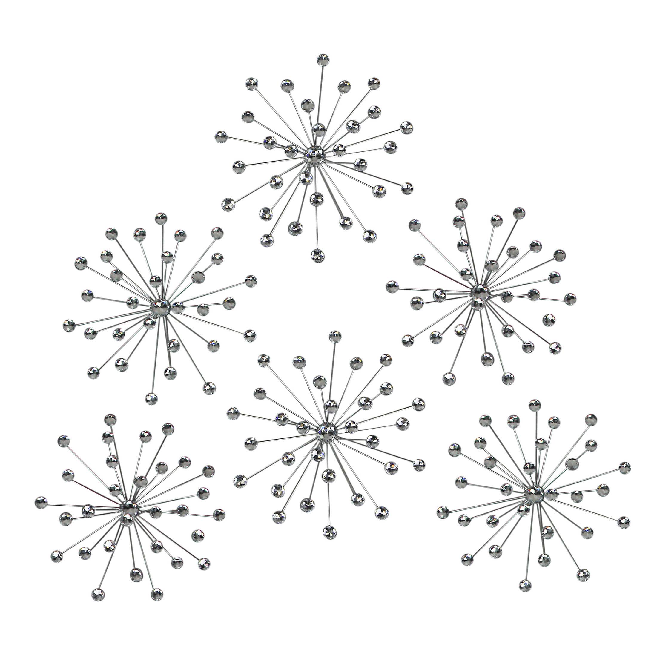 Zeckos - Set Of 6 Starburst Jeweled Metal Decorative Wall Art Hangings - Silver