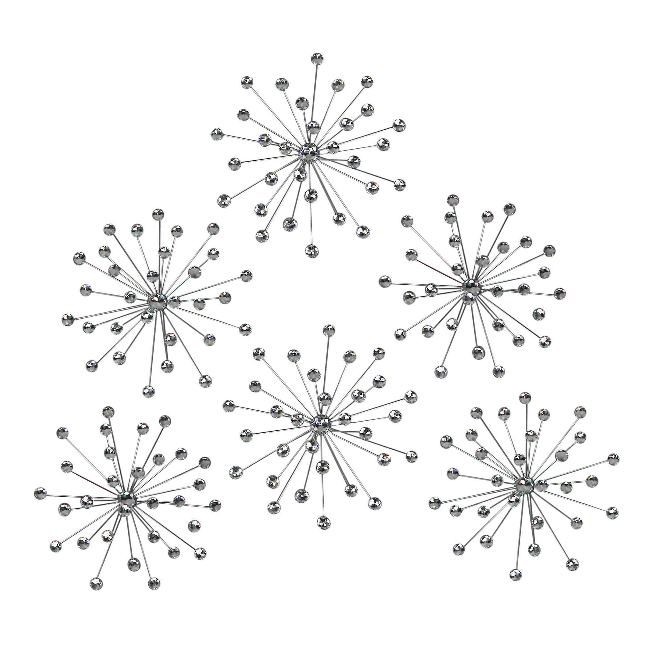 Front. Zeckos - Set Of 6 Silver Starburst Jeweled Metal Decorative Wall Art Hangings - Silver.