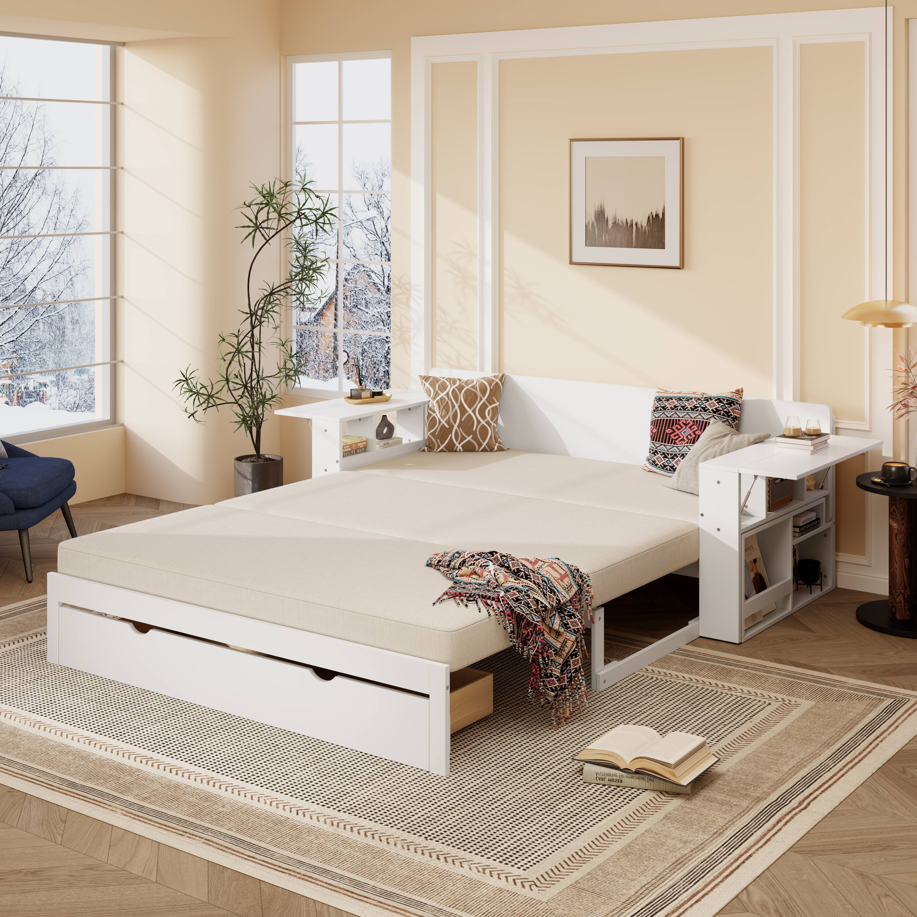 Back. Anysun - Queen Size Daybed with Removable Desk, Storage Drawers & Hydraulic Side Table - White.
