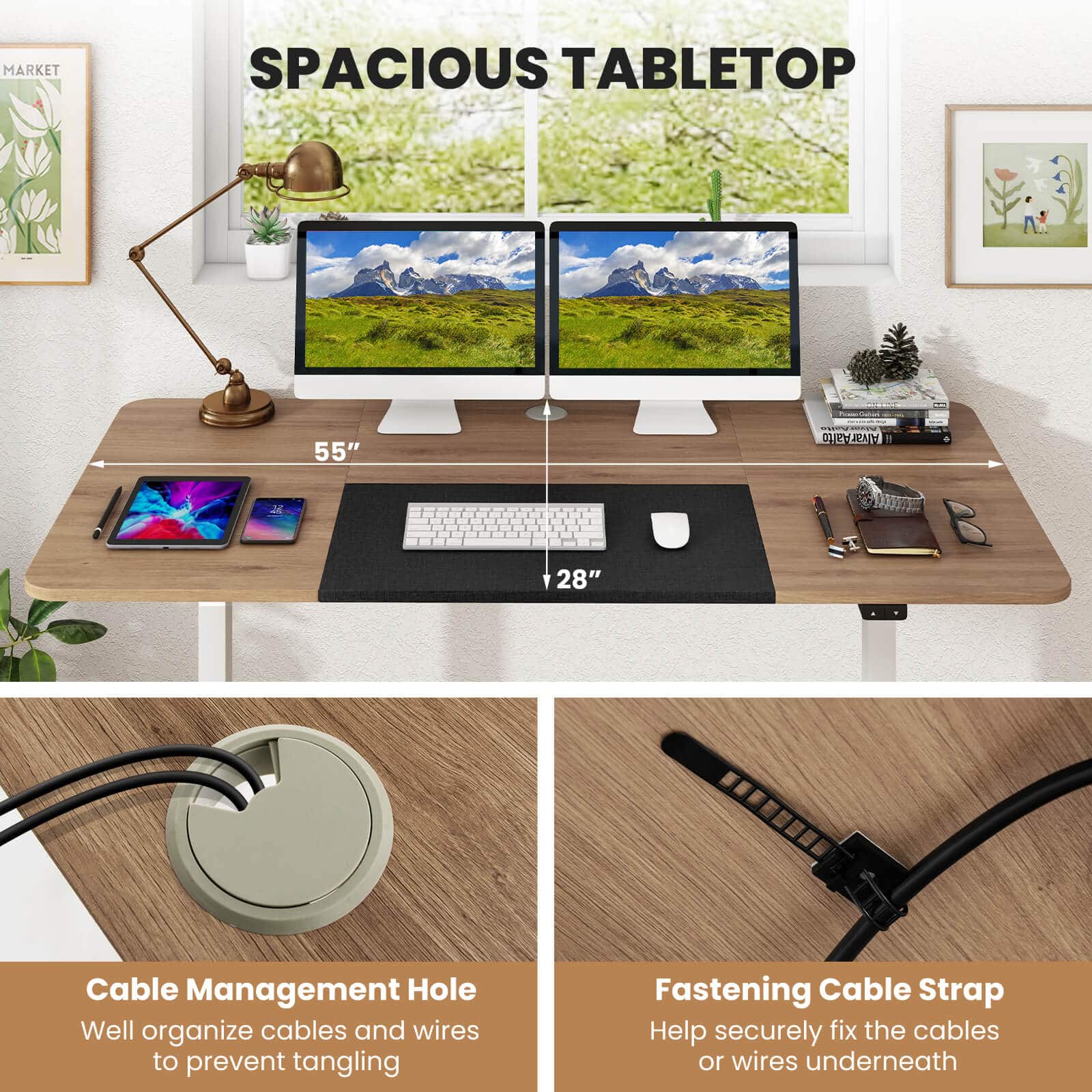 The image features a desk with a laptop, keyboard, and mouse. The desk is described as spacious and has a tablet on it. The desk also has a cable management hole and a fastening cable strap to help securely fix the cables or wires underneath. The image is promoting a cable management solution for a clutter-free workspace.