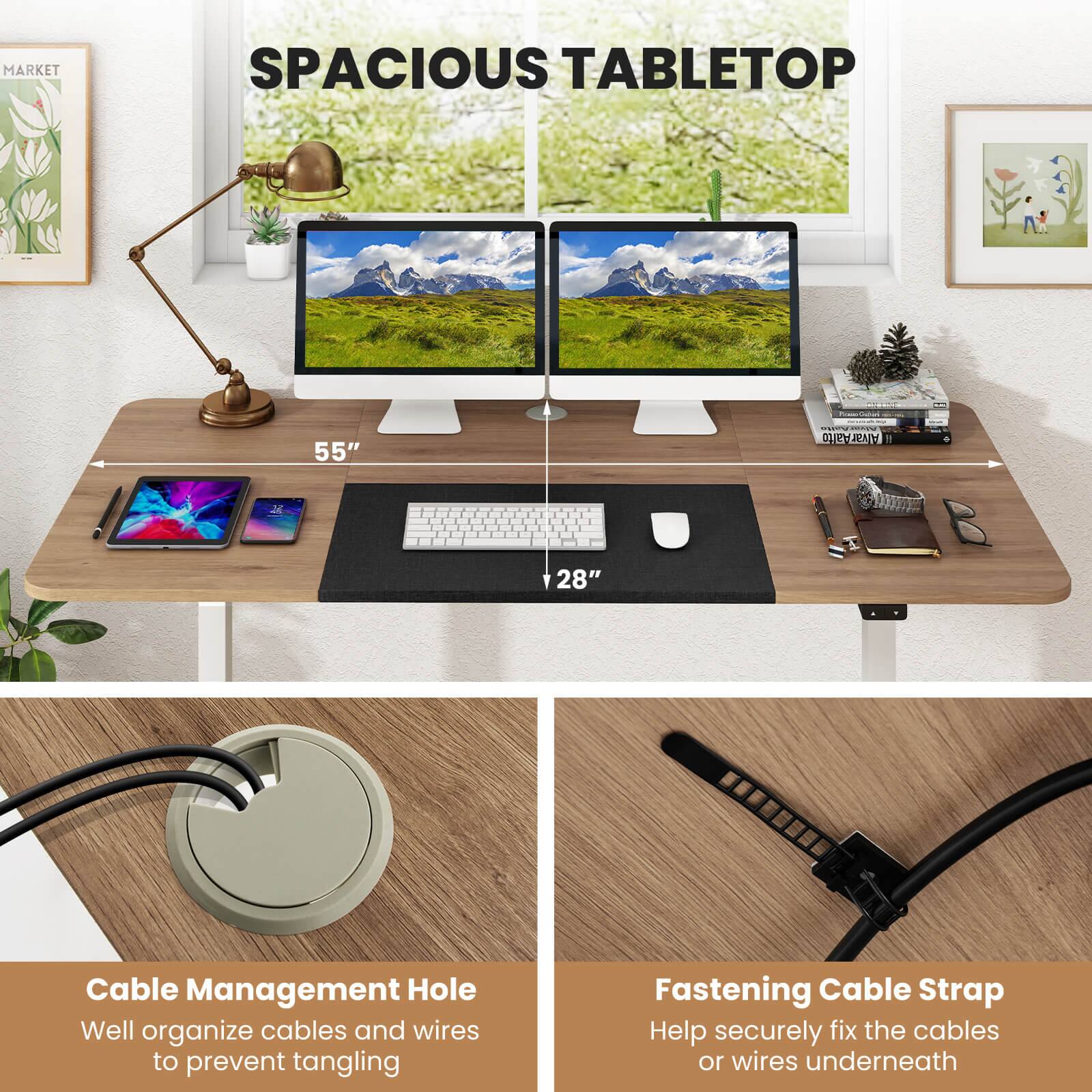 The image features a desk with a laptop, keyboard, and mouse. The desk is described as spacious and has a tablet on it. The desk also has a cable management hole and a fastening cable strap to help securely fix the cables or wires underneath. The image is promoting a cable management solution for a clutter-free workspace.