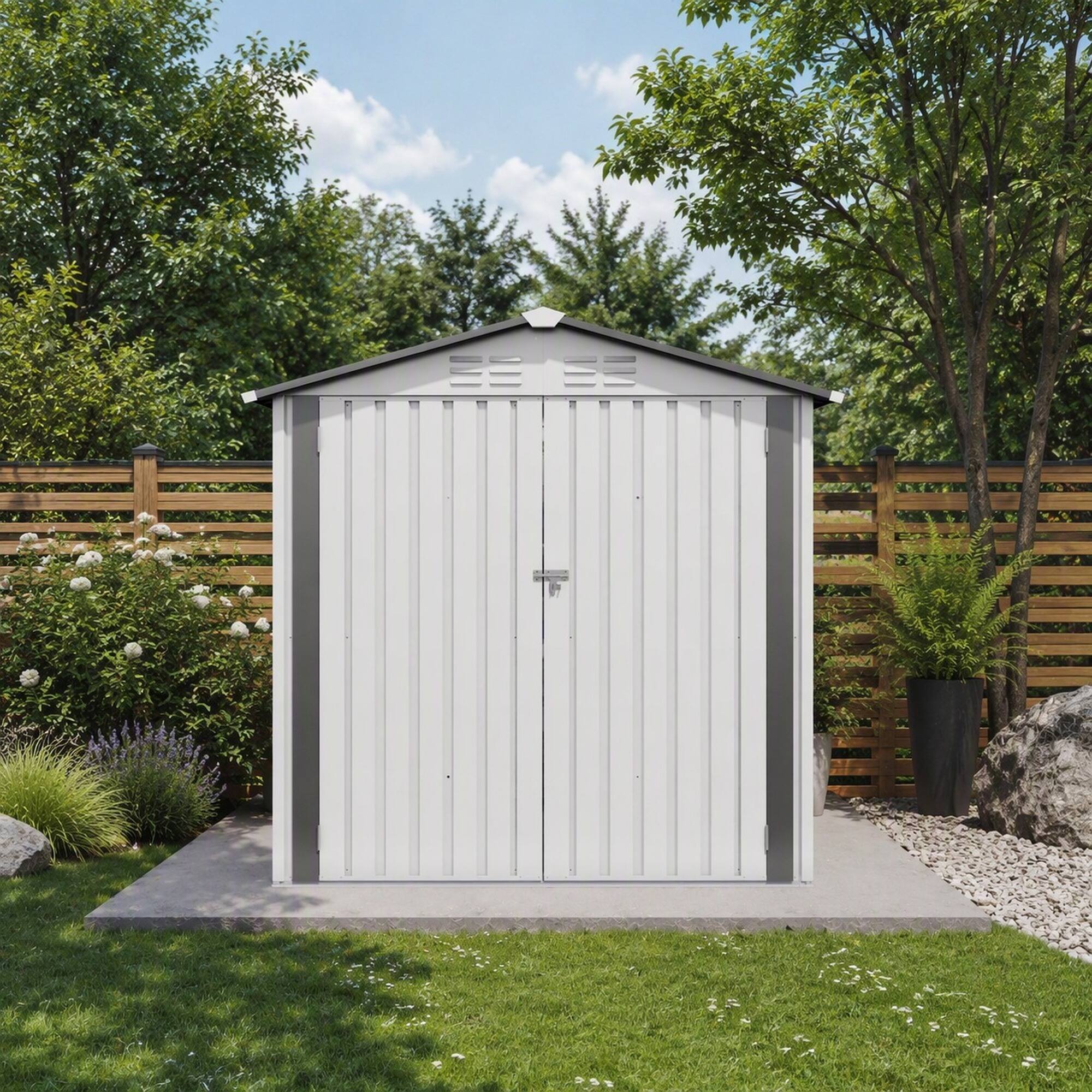 Left. RYHNUYNE - White 6 x 3.6 FT Metal Storage Shed,Waterproof Tool Shed with Peaked Roof for Garden Patio Bike Storage - White+gray.