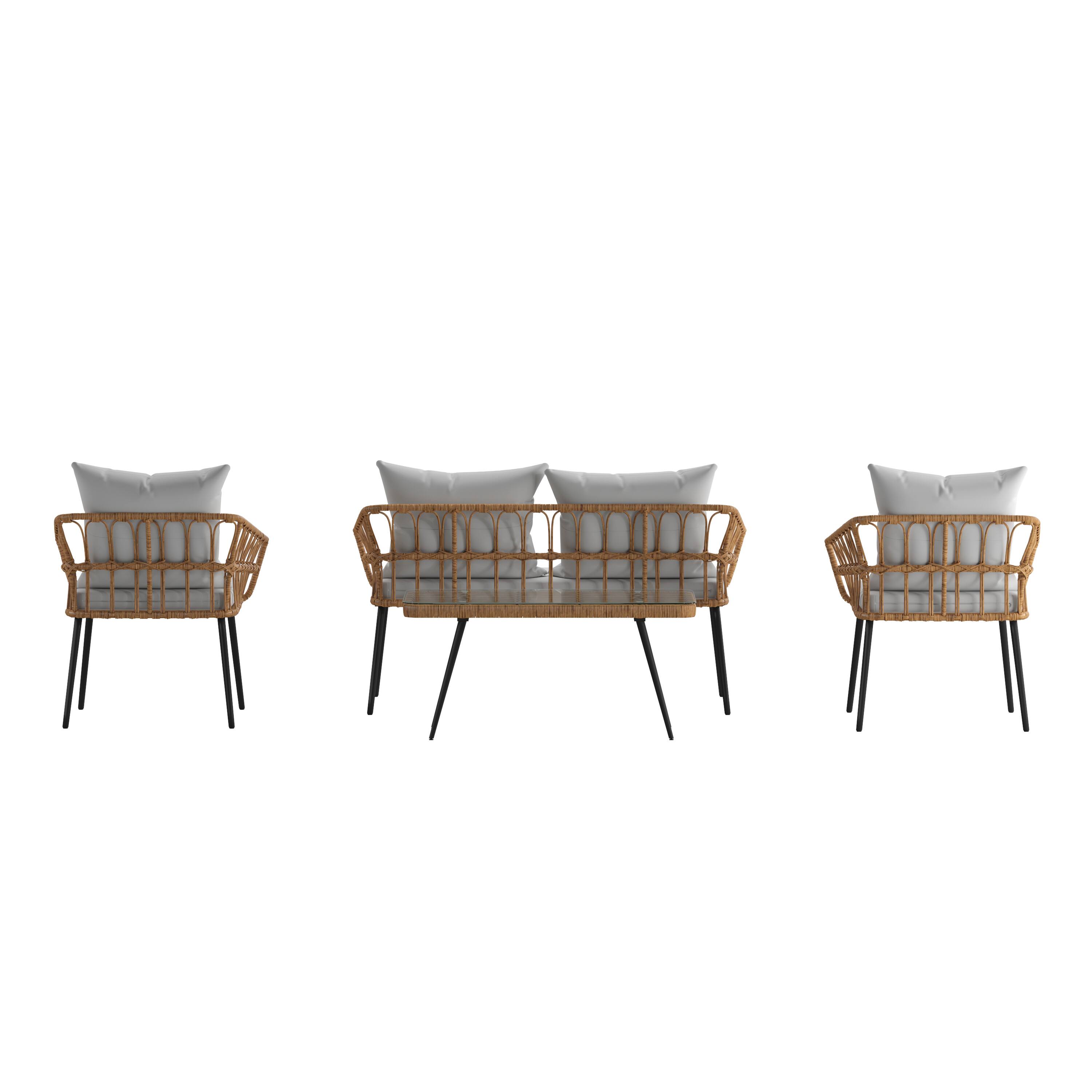Alt View 9. Emma + Oliver - 4PC Rattan Patio Set with Two Chairs, Loveseat, Table & Cushions - Gray Cushions/Natural Frame.