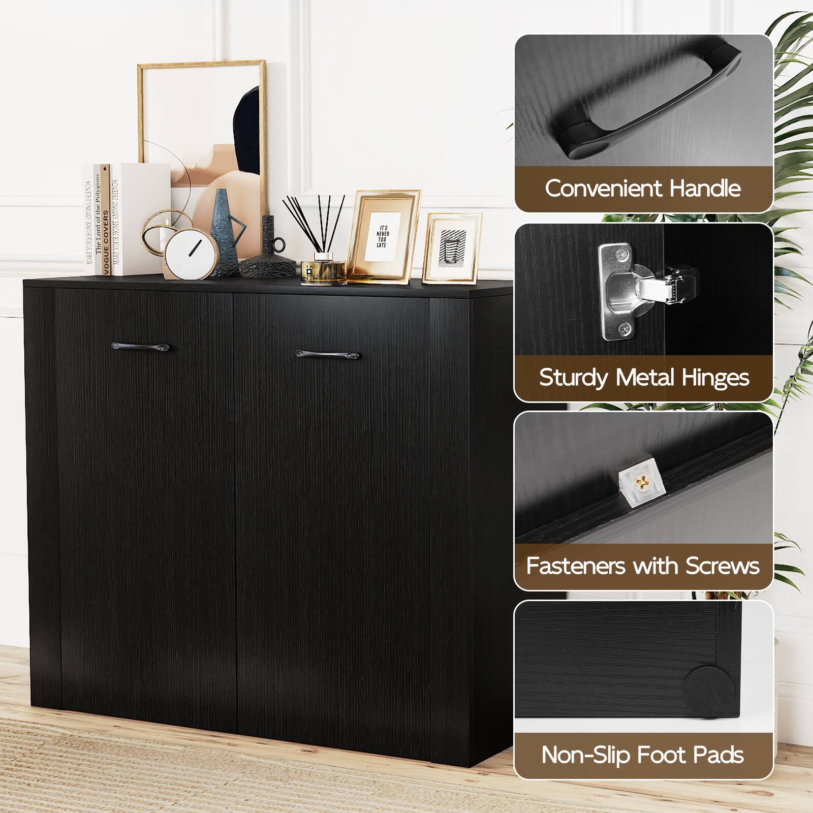 Convenient Handle  
Sturdy Metal Hinges  
Fasteners with Screws  
Non-Slip Foot Pads