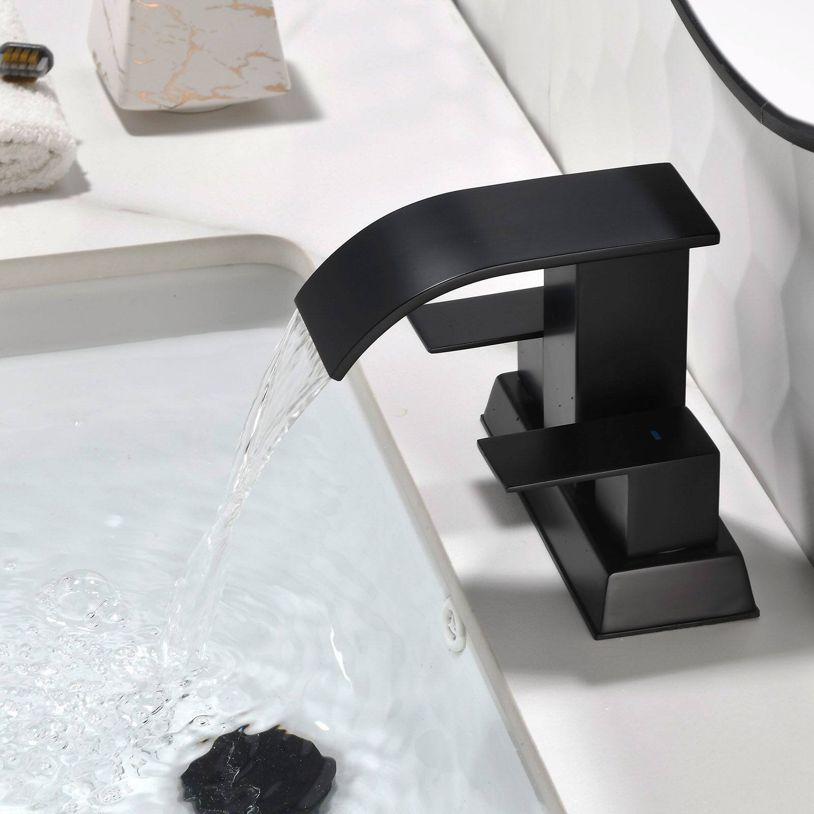 Alt View 3. Boyel Living - Black 4 Inch Centerset Faucet SUS304 Waterfall Spout 1.2GPM Dual Handle Pop Up Drain - Matte Black.