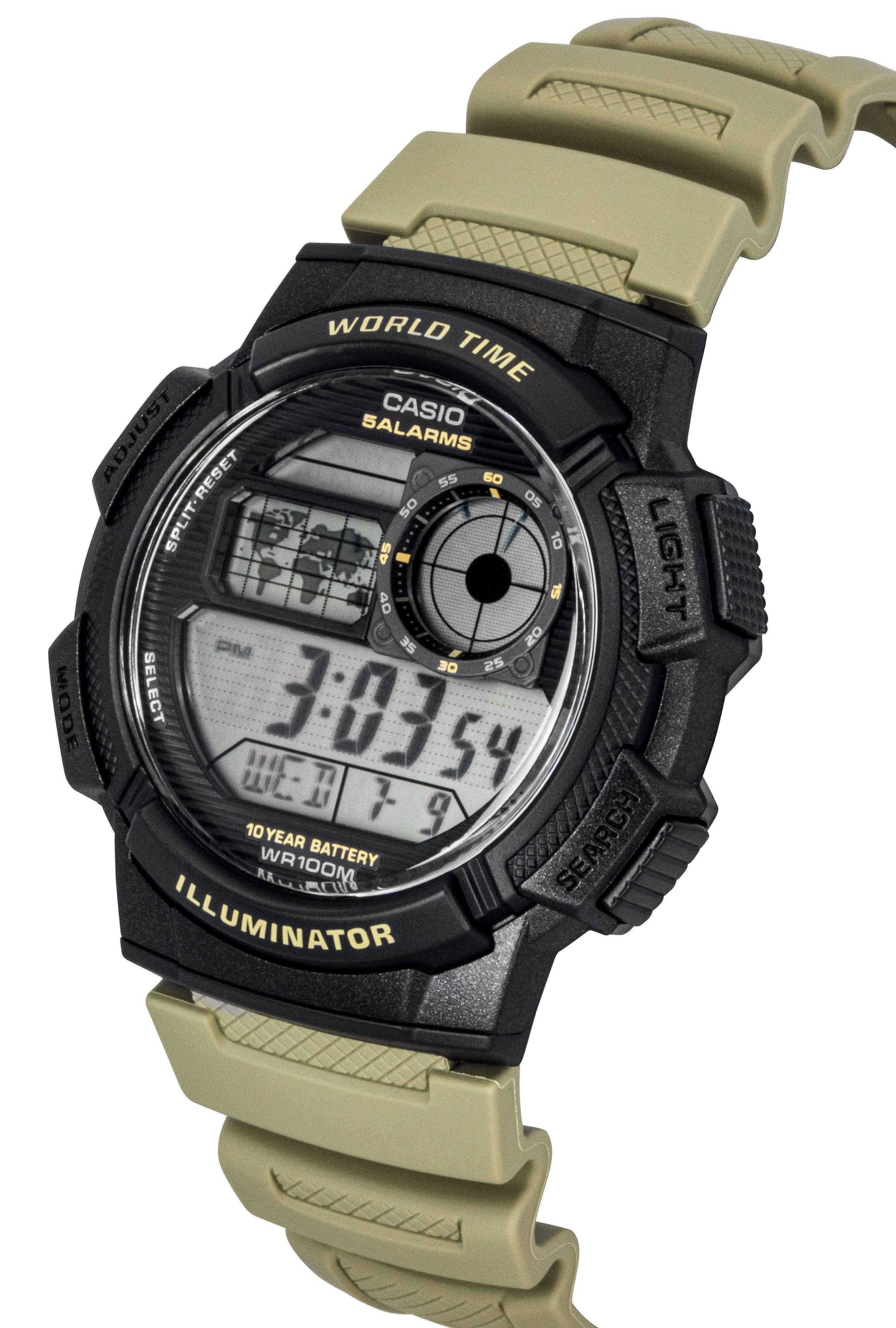 WORLD TIME  
CASIO SALARMS  
SPLIT-RESET  
LIGHT  
MODE SELECT  
3:03:54  
10 YEAR BATTERY  
WR100M  
ILLUMINATOR