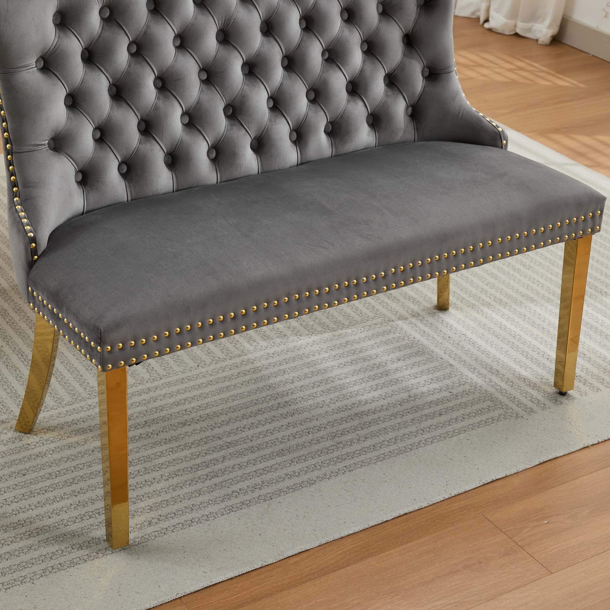 Alt View 6. GOODSILO - Velvet Tufted Double Seater Dining Bench with Gold Accent Legs for Kitchen and Dining Room Seating - Gray.