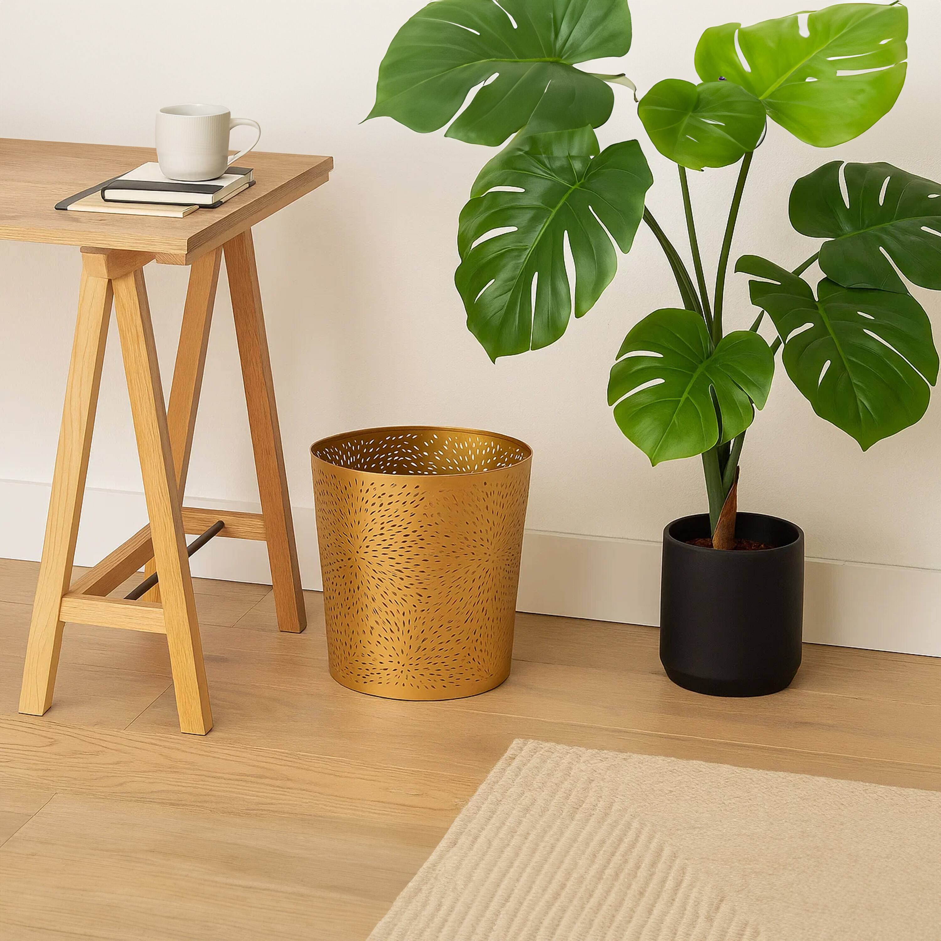 Alt View 6. Manhattan Lane - 10" Decorative Iron Wastebasket Trash Can, Leaf Etched Design.