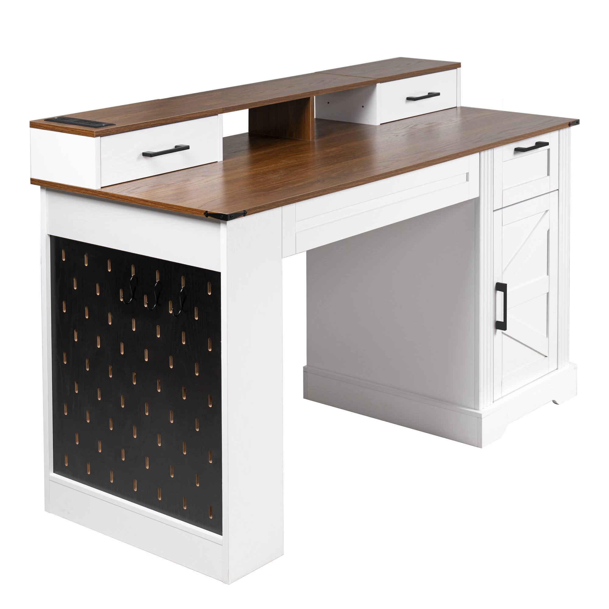 Alt View 3. Boyel Living - 55 Inch Farmhouse Desk with Barn Door Cabinet and Charging Station White and Brown - White.