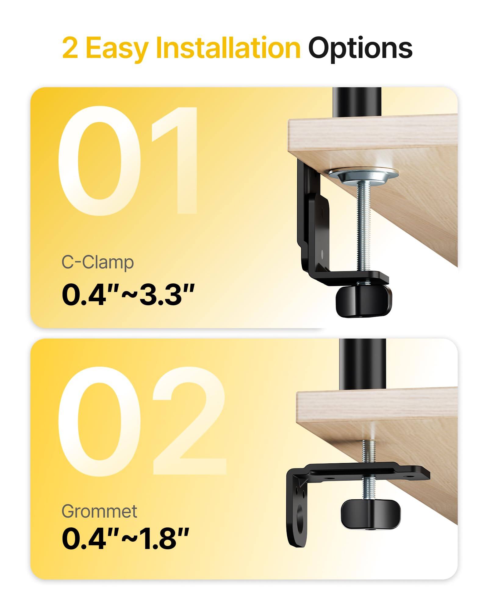 2 Easy Installation Options

01 C-Clamp  
0.4"~3.3"

02 Grommet  
0.4"~1.8"