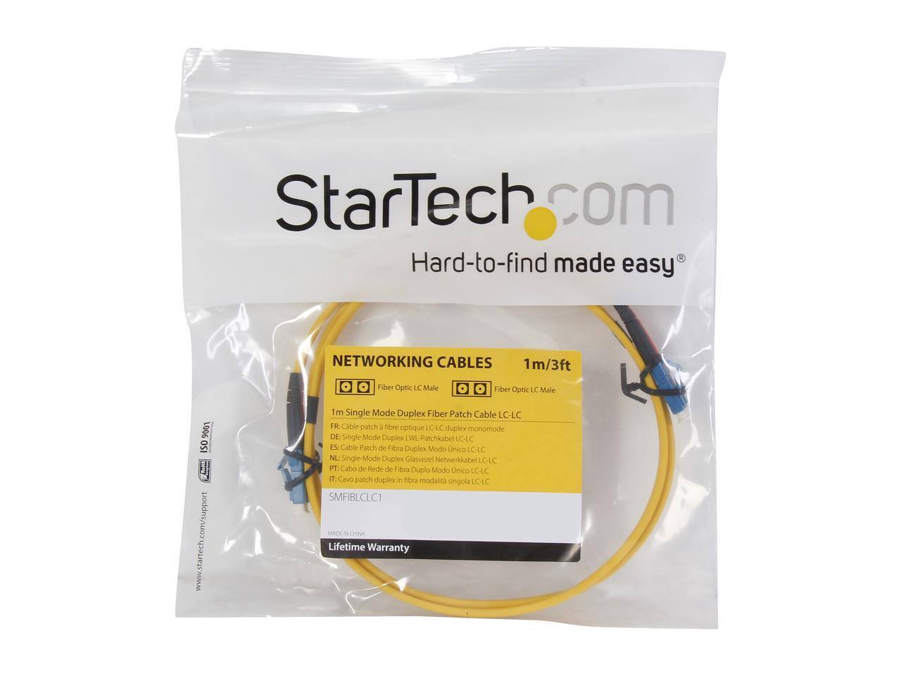 StarTech.com  
Hard-to-find made easy  

NETWORKING CABLES  
1m/3ft  
Fiber Optic LC Male to Fiber Optic LC Male  

1m Single Mode Duplex Fiber Patch Cable LC-LC  

FR: Cable patch à fibre optique LC-LC duplex monomode  
DE: Single Mode Duplex LWL-Patchkabel LC-LC  
ES: Cable Patch de Fibra Duplex Modo Unico LC-LC  
NL: Single-Mode Duplex Glasvezel Netwerkkabel LC-LC  
PT: Cabo de Rede de Fibra Duplo Modo Unico LC-LC  
IT: Cavo patch duplex in fibra modalità singola LC-LC  

SMFIBLCLC1  
MADE IN CHINA  
Lifetime Warranty  

www.startech.com/support