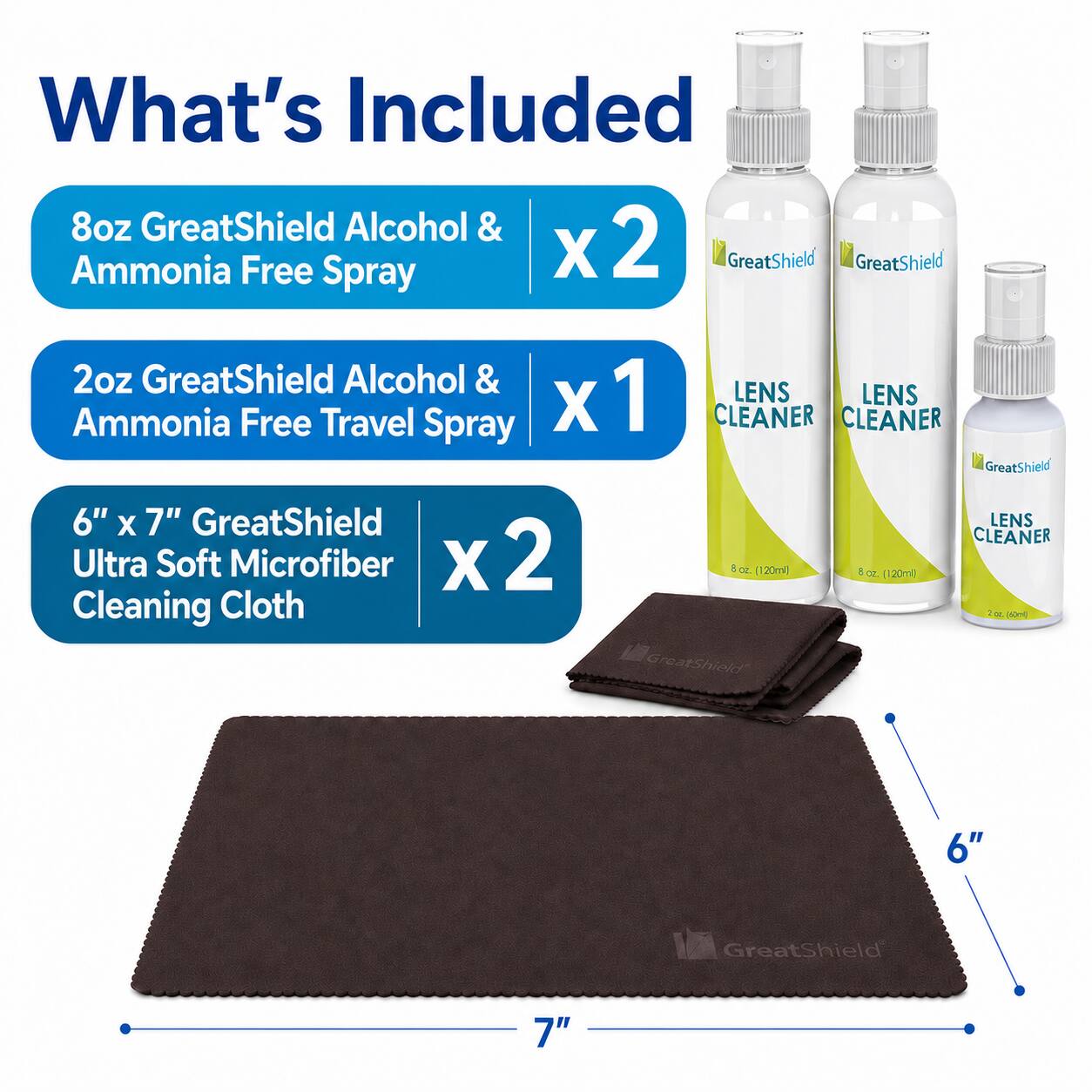 What's Included

- 8oz GreatShield Alcohol & Ammonia Free Spray x 2
- 2oz GreatShield Alcohol & Ammonia Free Travel Spray x 1
- 6" x 7" GreatShield Ultra Soft Microfiber Cleaning Cloth x 2