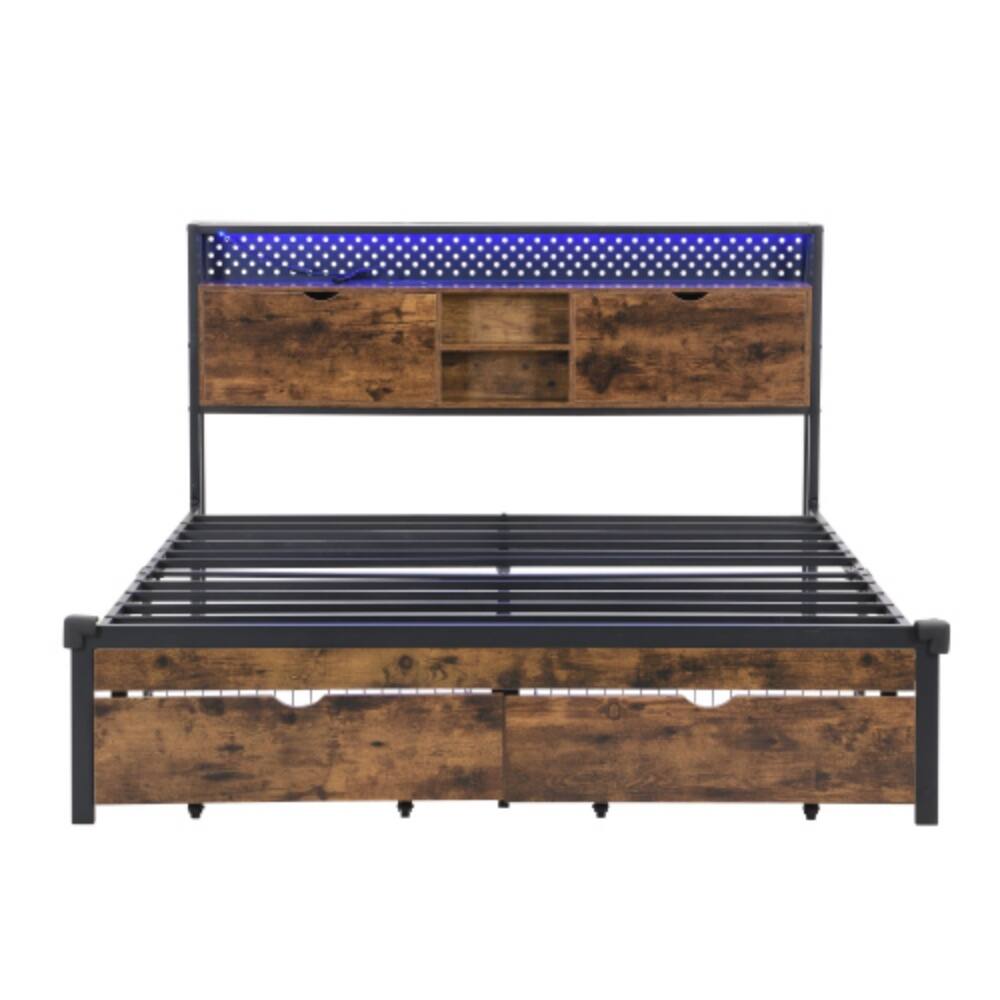 Left. LUCKY ONE - King Size Platform Bed Frame with Wooden Headboard and Footboard, USB Outlets, LED Lights, 2 Drawers - Black+Brown.