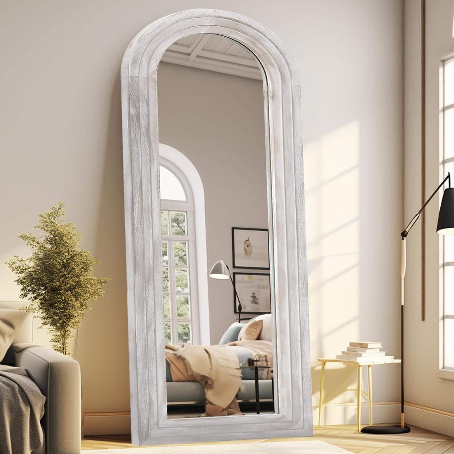 Comfort Essence - Arched Full Length Mirror With Solid Wood Frame 71x32 Farmhouse Wall Mounted Floor Stand Vertical Hanging - Rustic White-65"L x 22"W