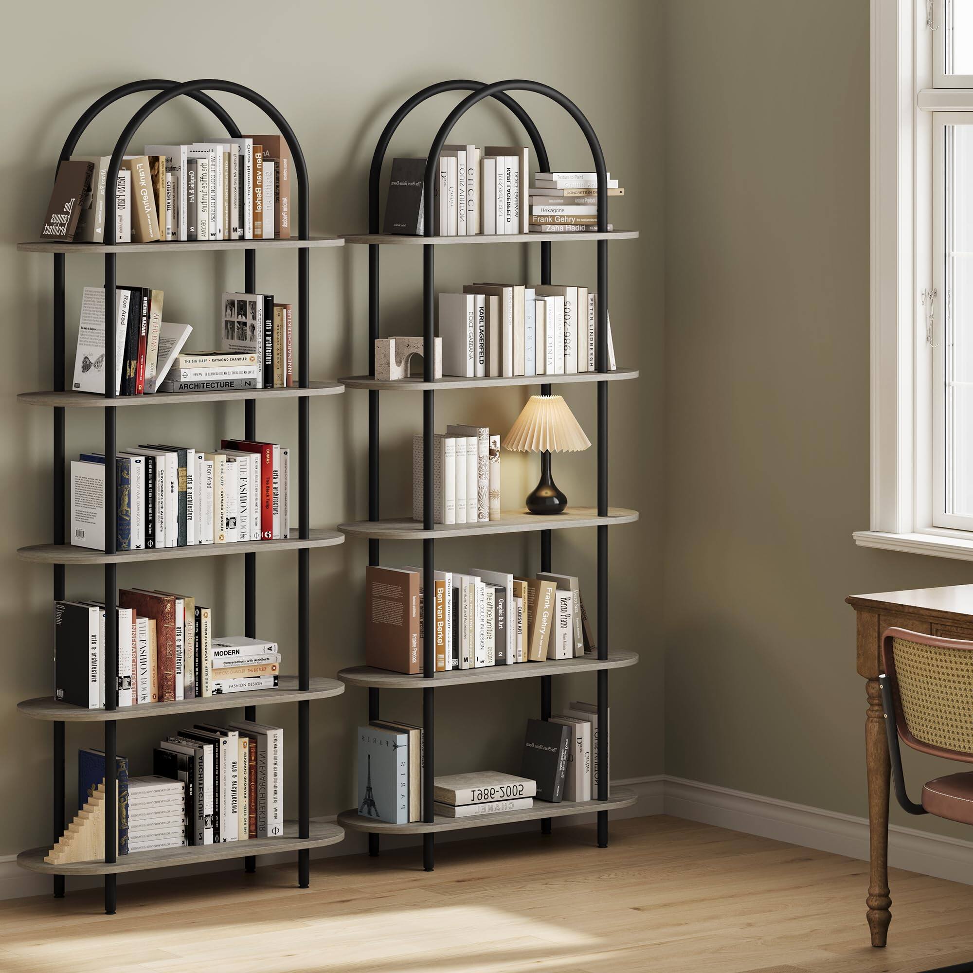 Homhougo - 2Pcs 71" Bookshelf 5 Tier Bookcase Arched Display Racks Tall Bookshelf Freestanding Open Storage Shelf - Gray