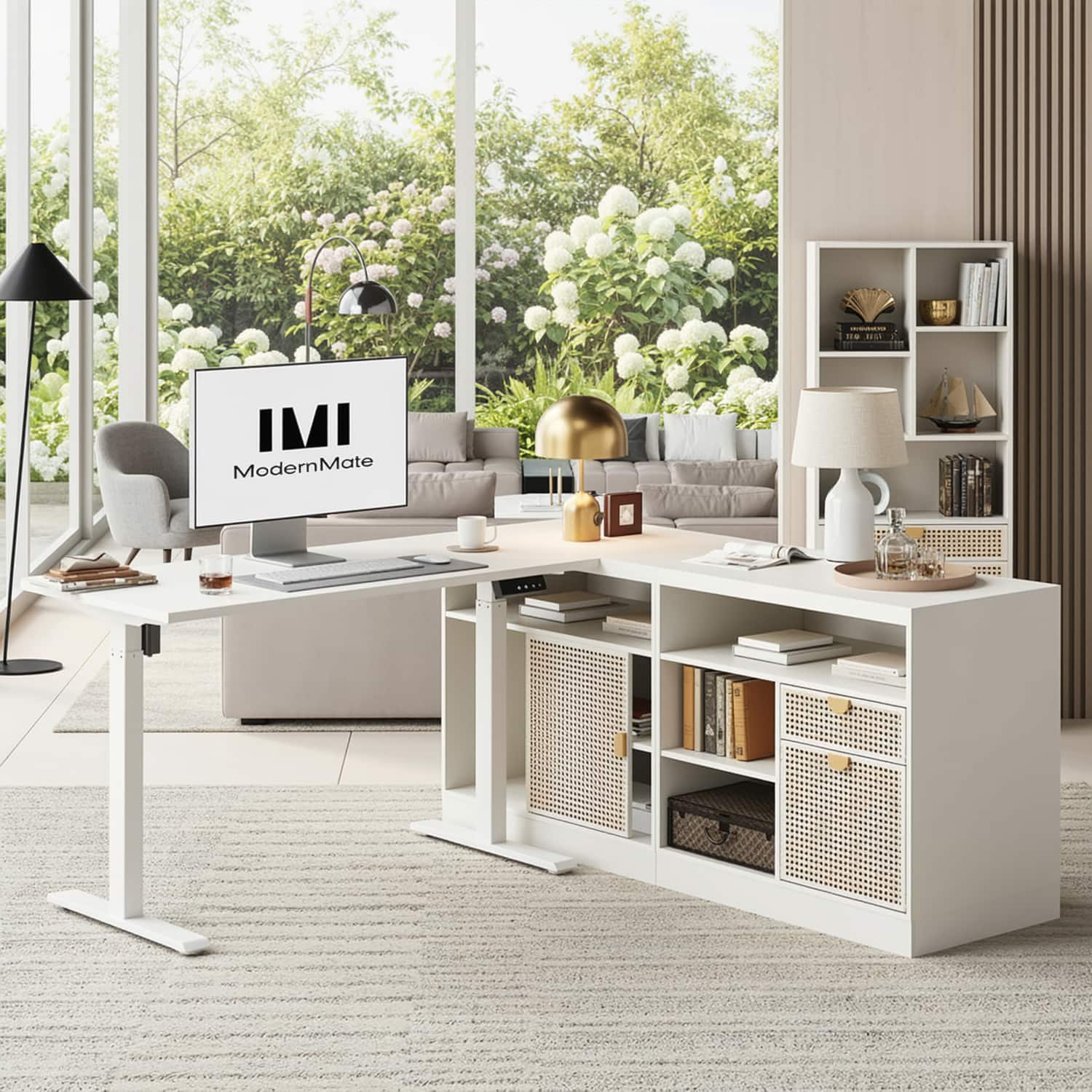 ModernMate - 67"L Shaped Desk with 2 Storage Cabinet, 1.18" Desktop, Height Adjustable Executive Office Desk with 73"Bookshelf - White Rattan