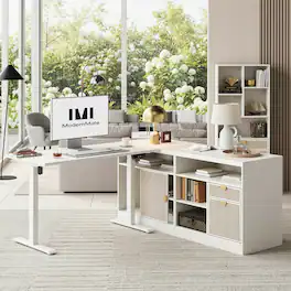 ModernMate - 67"L Shaped Desk with 2 Storage Cabinet, 1.18" Desktop, Height Adjustable Executive Office Desk with 73"Bookshelf - White Rattan