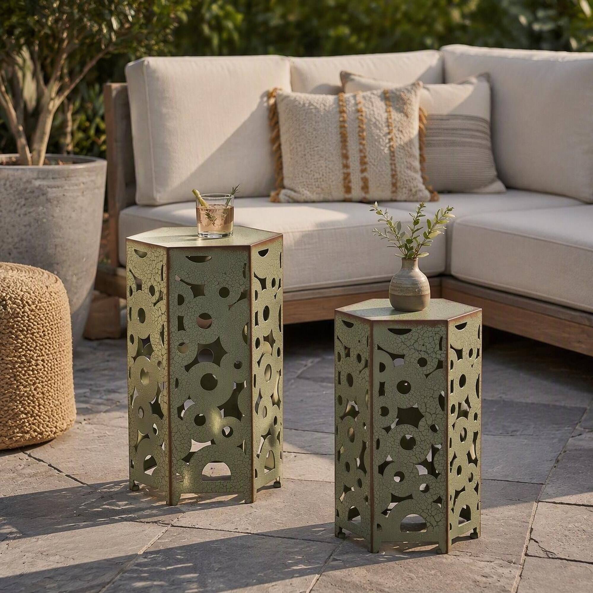 Alt View 1. RYHNUYNE - 2-Piece Outdoor Metal Nesting Side Tables, Decorative Cutout Accent Furniture for Patio Garden Porch - Antique Green.