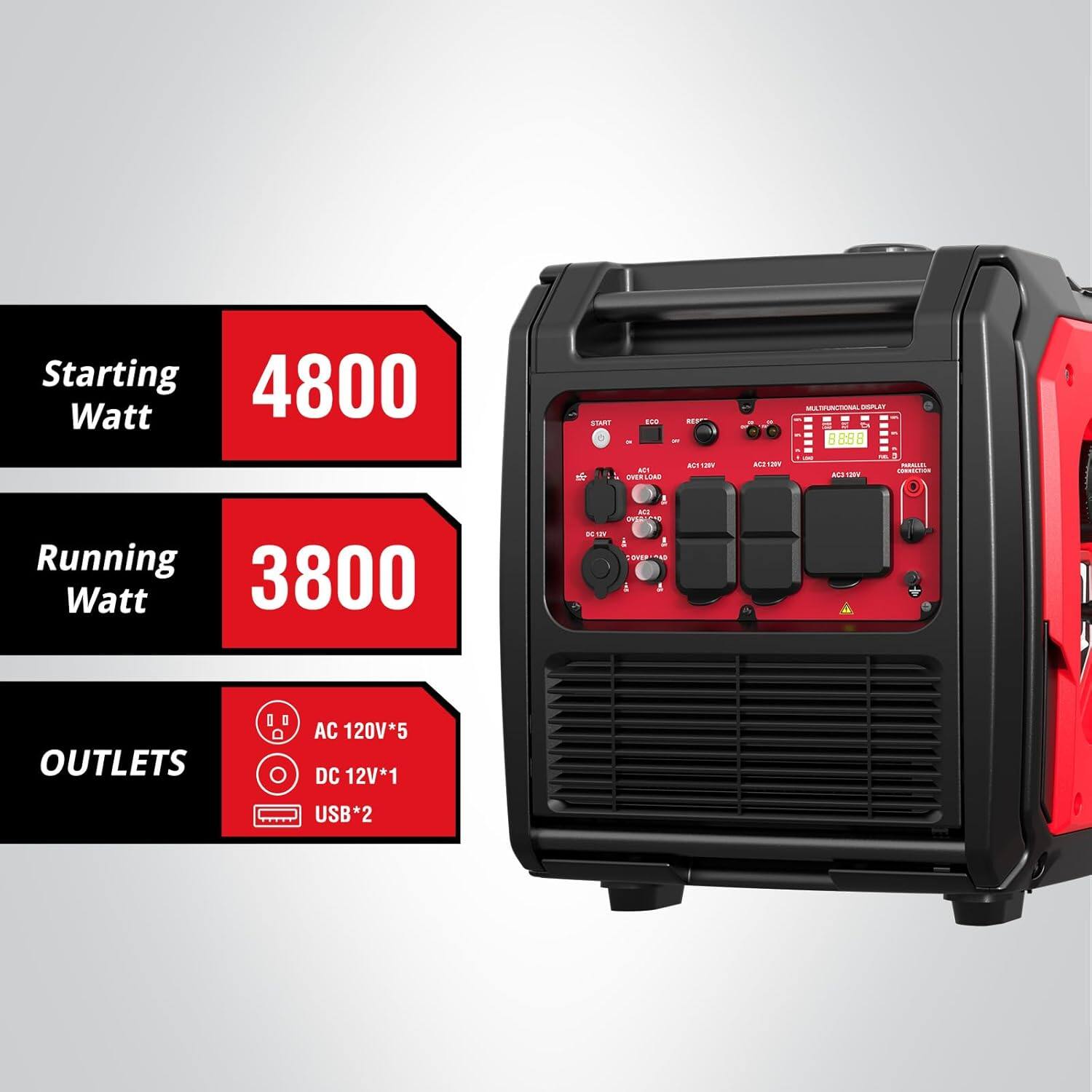 Starting 4800 Watt

Running 3800 Watt

OUTLETS
AC 120V*5
DC 12V*1
USB*2