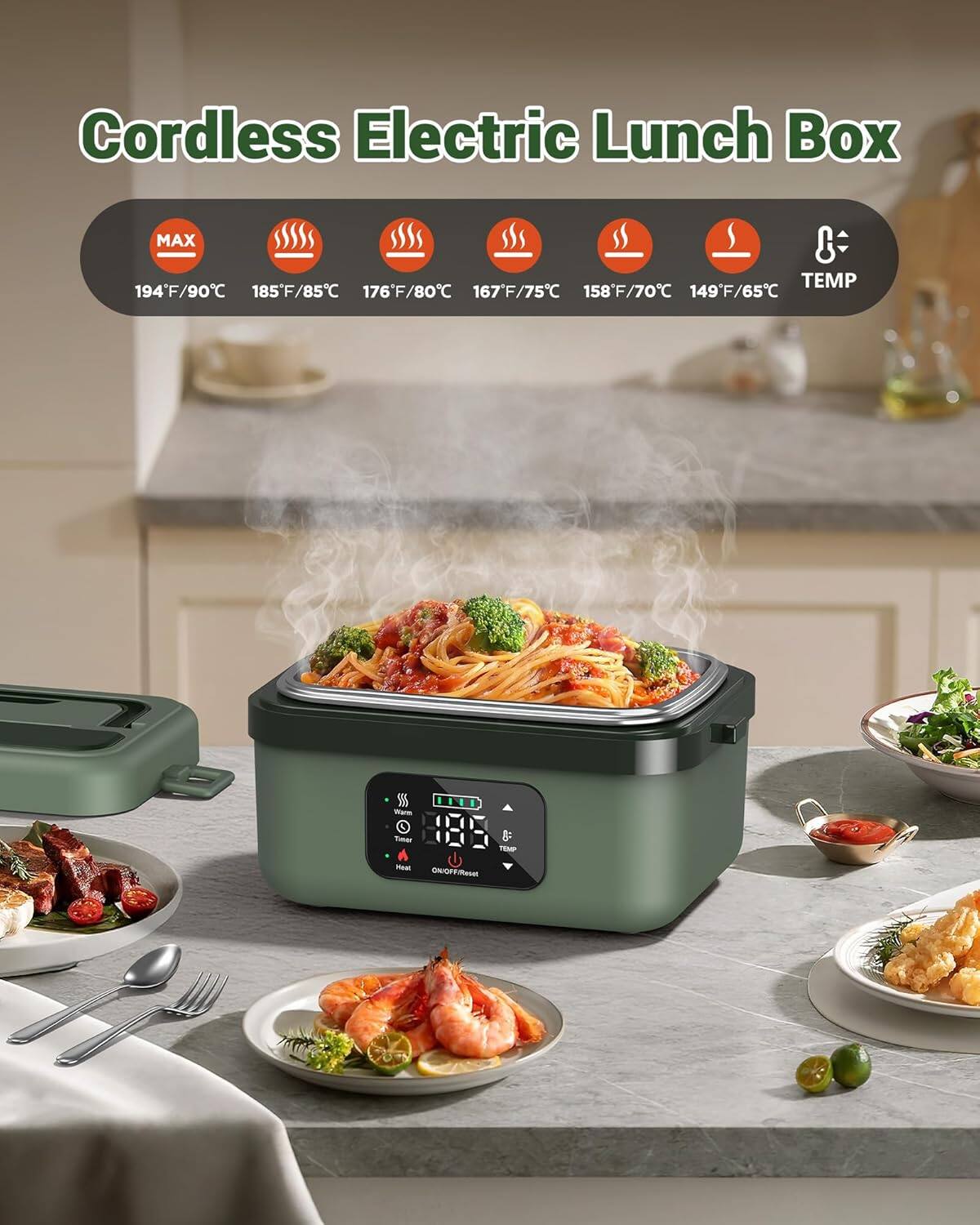 Cordless Electric Lunch Box

MAX  
194°F/90°C  
185°F/85°C  
176°F/80°C  
167°F/75°C  
158°F/70°C  
149°F/65°C  

TEMP