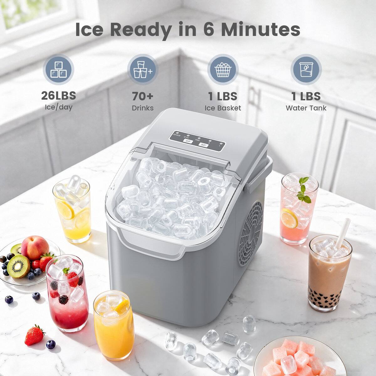 Ice Ready in 6 Minutes

26LBS Ice/day
70+ Drinks
1 LBS Ice Basket
1 LBS Water Tank